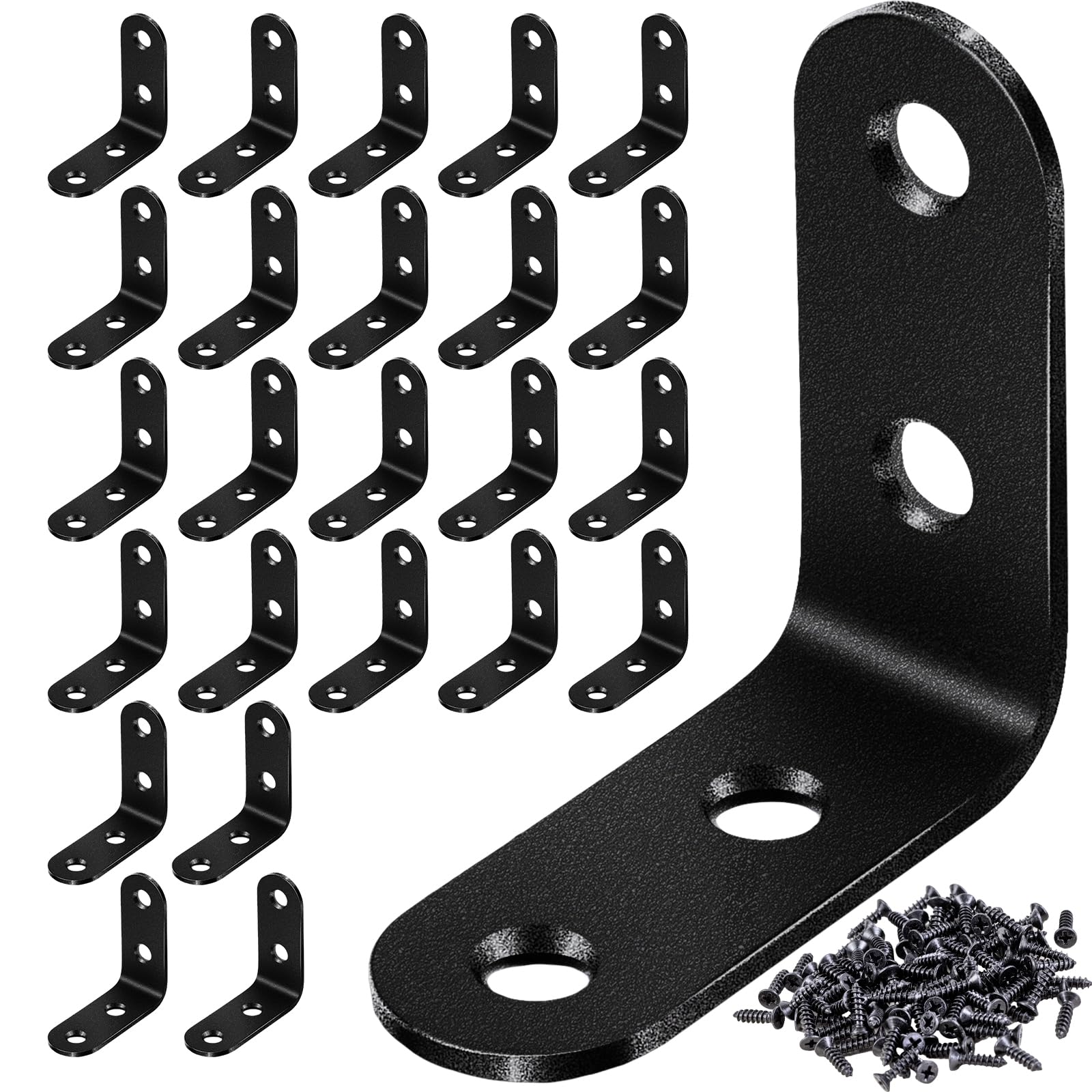 24PCS Black L Bracket Corner Sets 90 Degree Corner Brace Right Angle Bracket Metal Stainless Steel for Wood Shelves Cabinet Furniture Tables Chairs and DIY with 100PCS Screws (1.6*1.6 in)