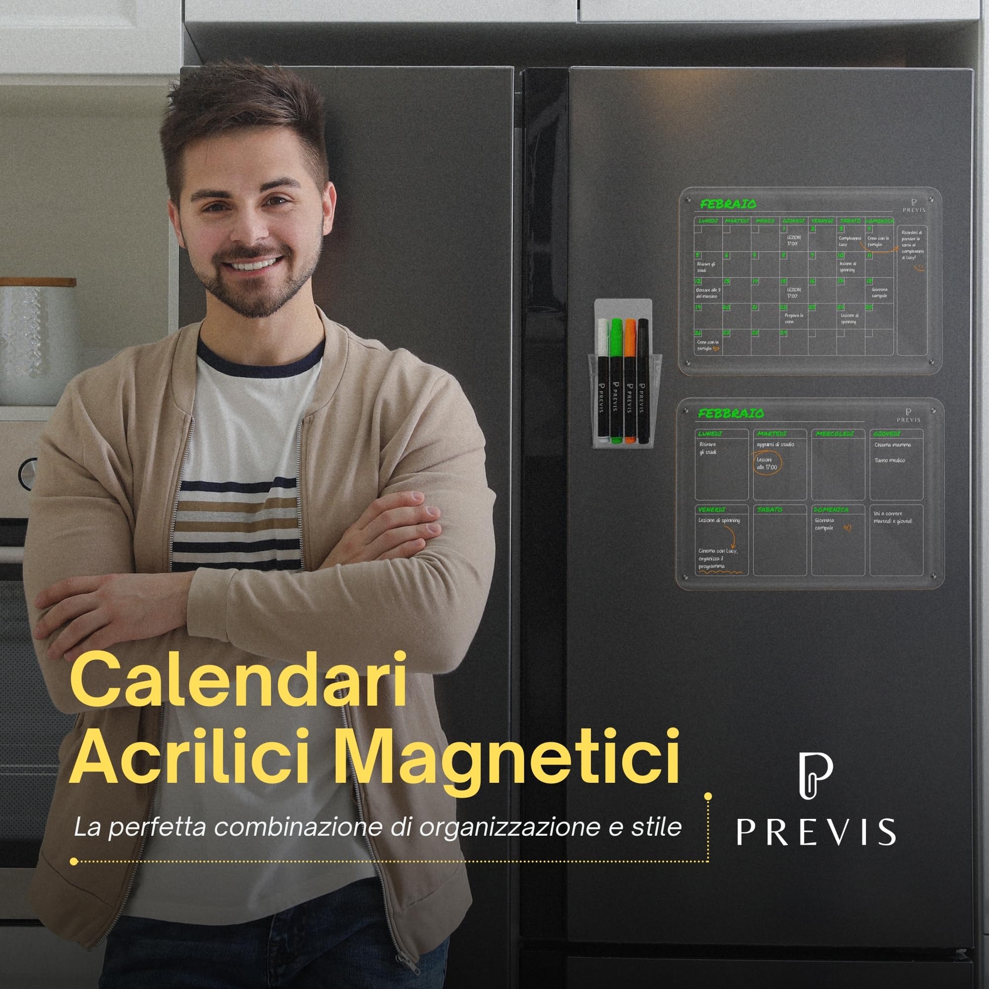 Previs Brand Kit di 2x Lavagna Magnetica Frigo Trasparente (Settimanale + Mensile) A4 (21x29,7cm) con 4 Pennarelli Premium - 2x Calendario Acrilico Trasparente Frigo