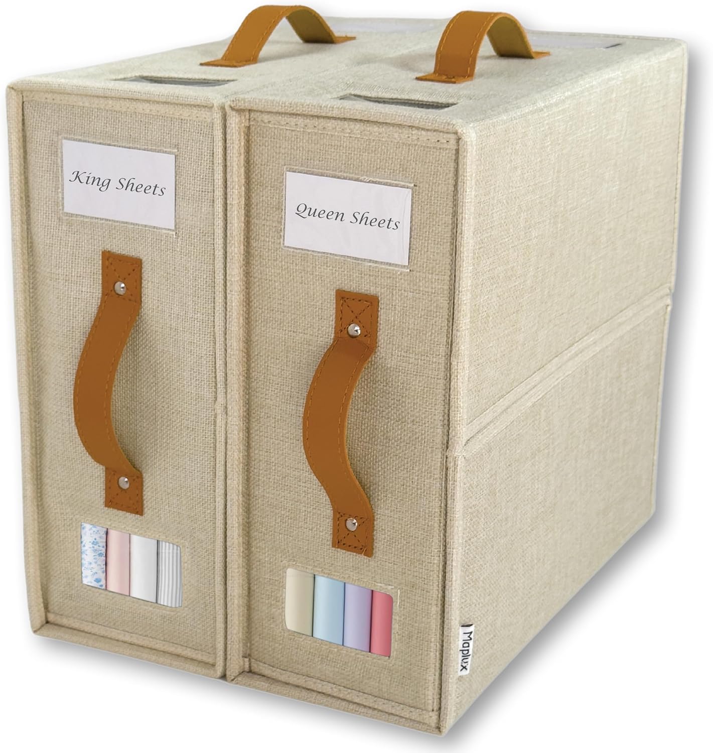 2-Pack Set Bed Sheet Organizer – Premium Linen Storage with PU Leather Handles & Dual Labels | Fits King/Queen Sheets | Closet, Underbed & Shelf Use | Closet Organizers and Storage (Beige)