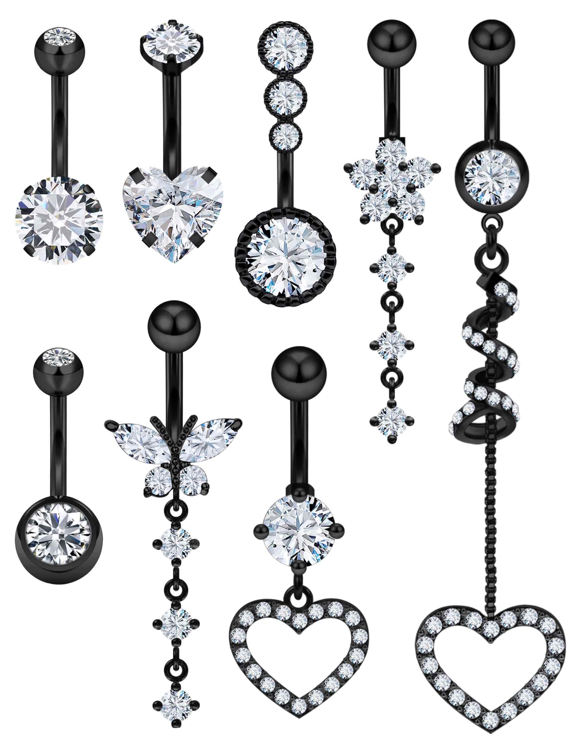 Vsnnsns 14G Dangle Belly Button Ring Piercing Jewelry 316L Stainless Surgical Steel Heart Butterfly Flower Diamond CZ Navel Rings Dangling Belly