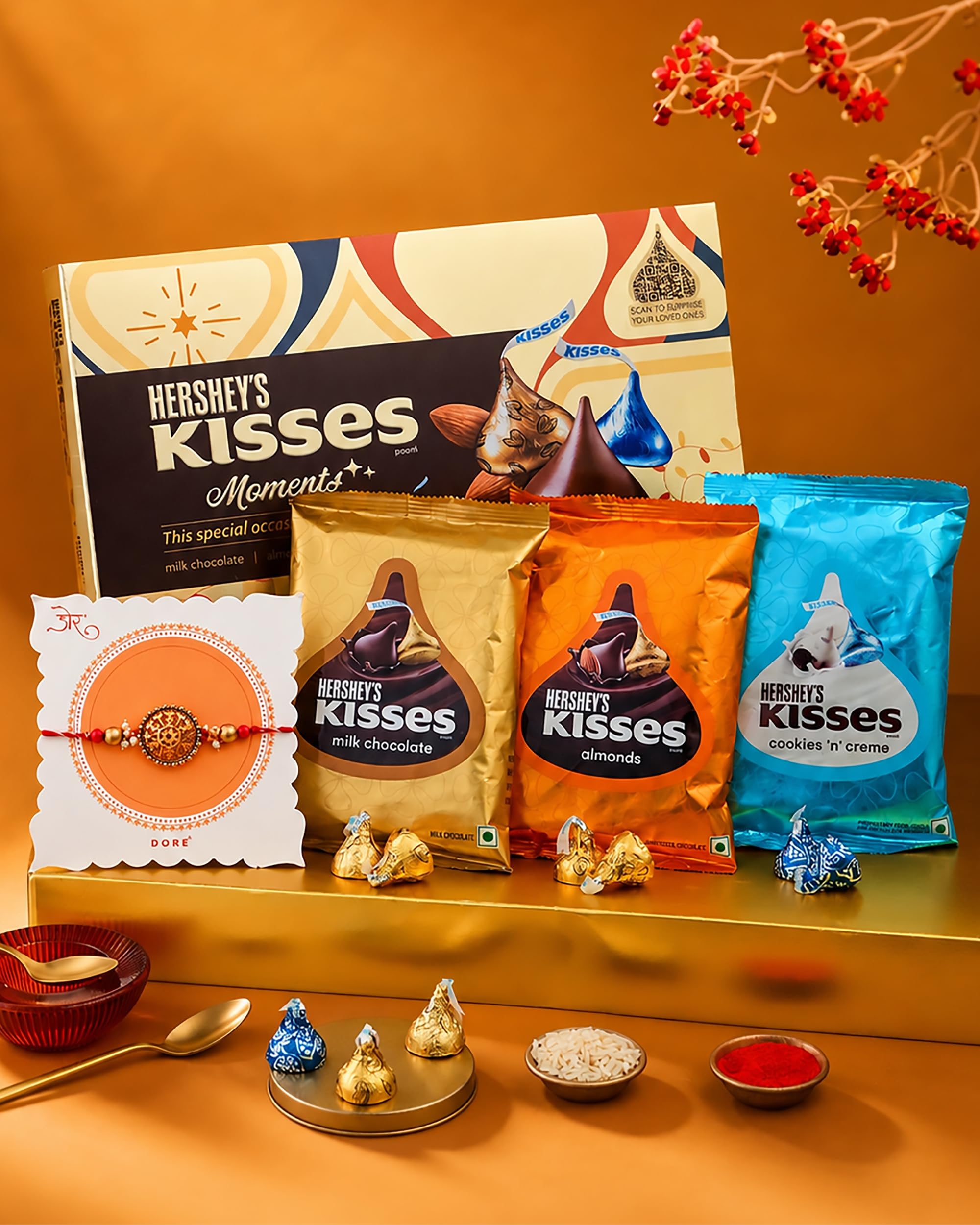 HyperFoods® Rakhi For Brothers Chocolates Gift Pack Kisses Chocolate Pack of 3 with Assorted Rakhi Set For Brother with Roli & Rice Raksha Bandhan Gift Hamper Gold Rakhi for Bhai Kisses Chocolate with Rakhi Gift Hamper for Brother