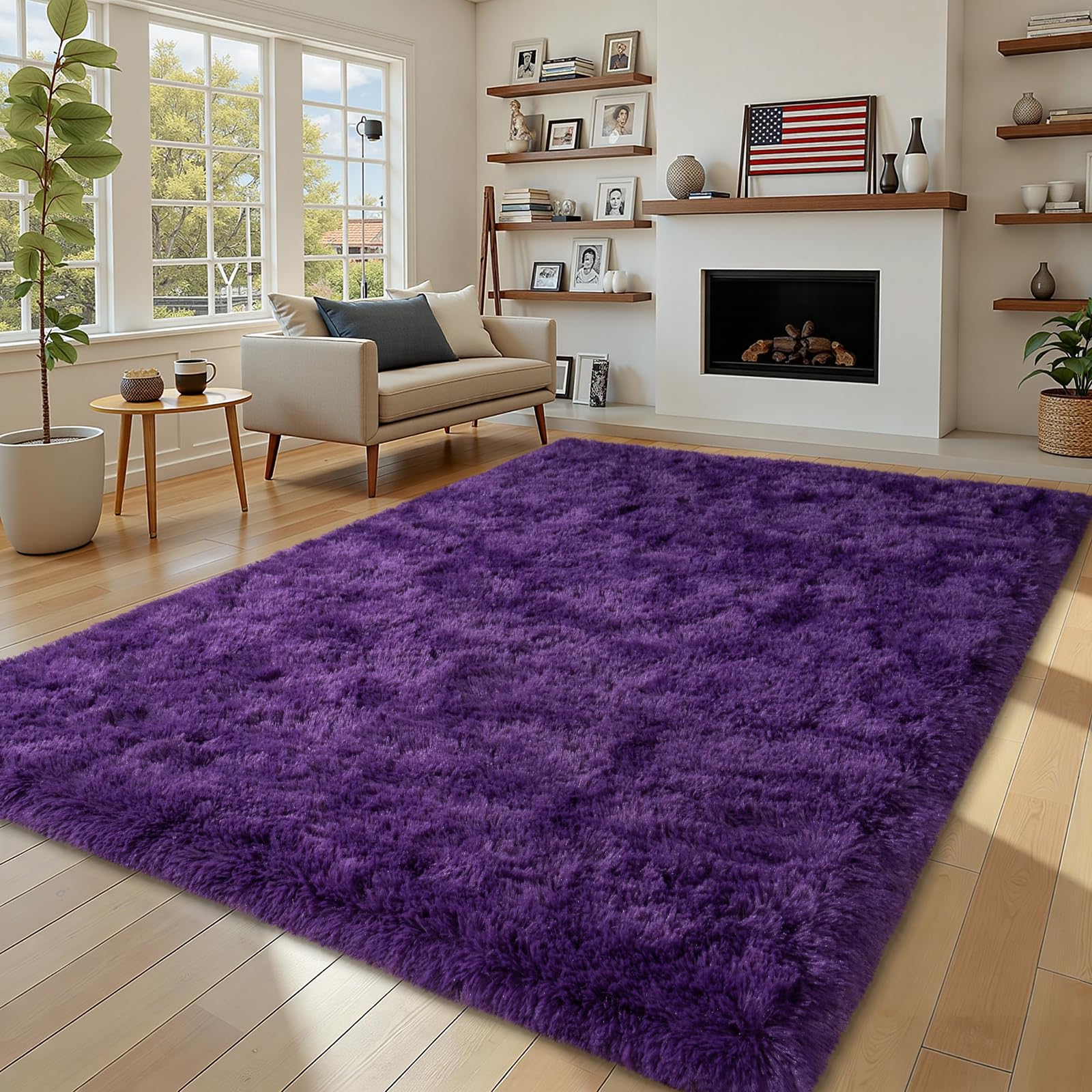 6x9 Fluffy Dark Purple Rug for Bedroom Living Room Washable Non-Slip