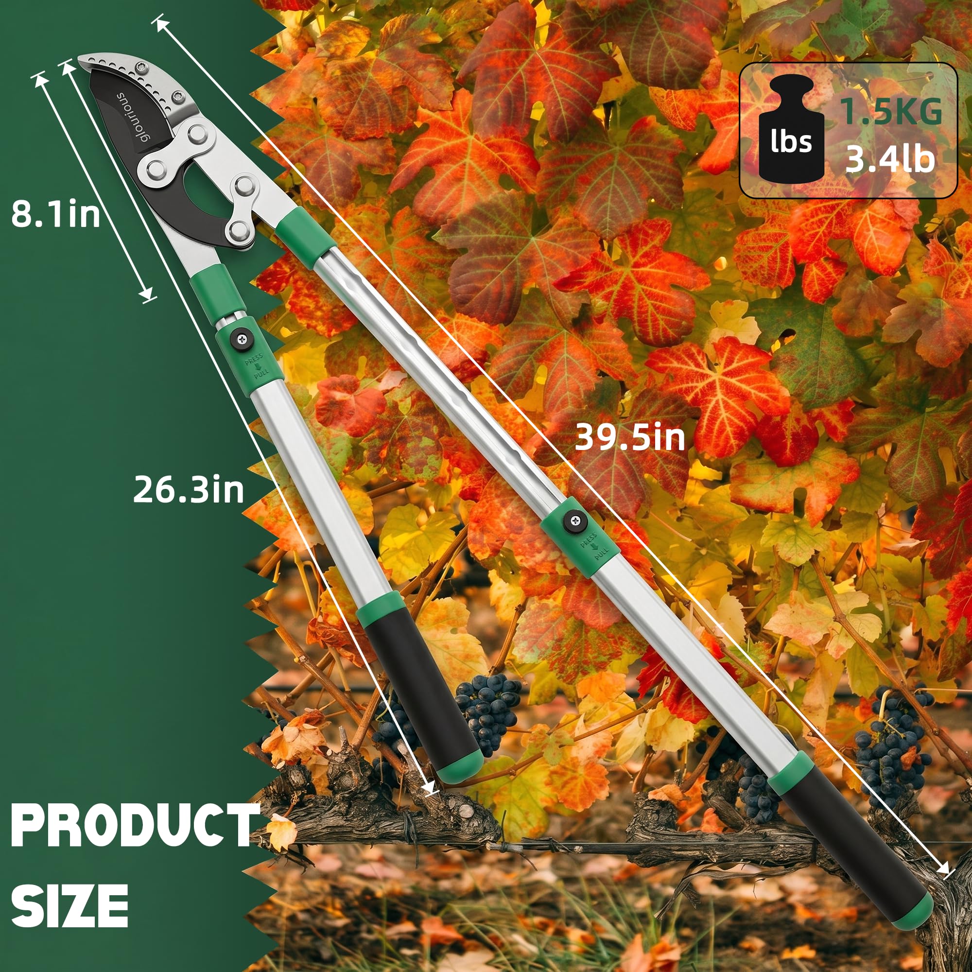 TUOSEN SK5 wysokowydajny sekator do kowadła, z łatwością sieka grube gałęzie, pojemność cięcia 5 cm, teleskopowy sekator 71-101 cm, trymer do drzew ze stabilnym i wygodnym uchwytem (A