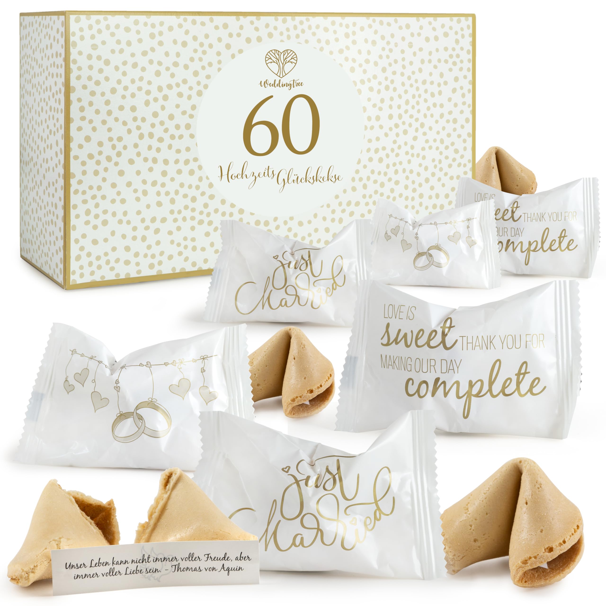 WeddingTree 60x Glückskekse Hochzeit – Gastgeschenke & Mitgebsel für Gäste, Verlobung & Hochzeitsfeier – einzeln verpackt mit Sprüchen zur Liebe, Made in Germany