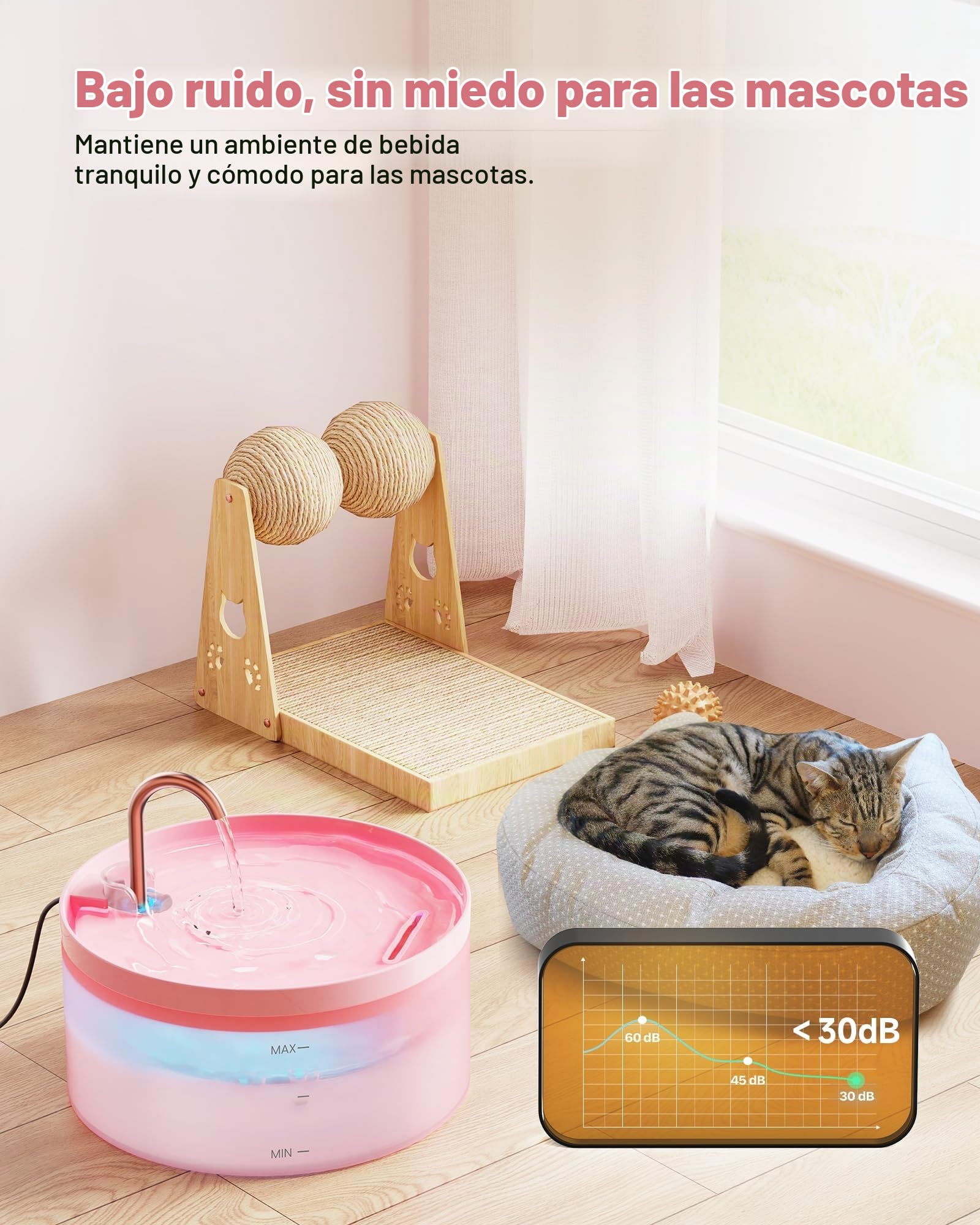 Fuente de agua rosa para gatos: con 6 filtros de carbono + 3 filtros de esponja, fuente de agua para mascotas BEMOONY de 3,2 l, fuentes de agua silenciosa para interiores, fuente de agua para gatos y | BEMOONY Fuente de agua para mascotas de 3,2 l, fuente