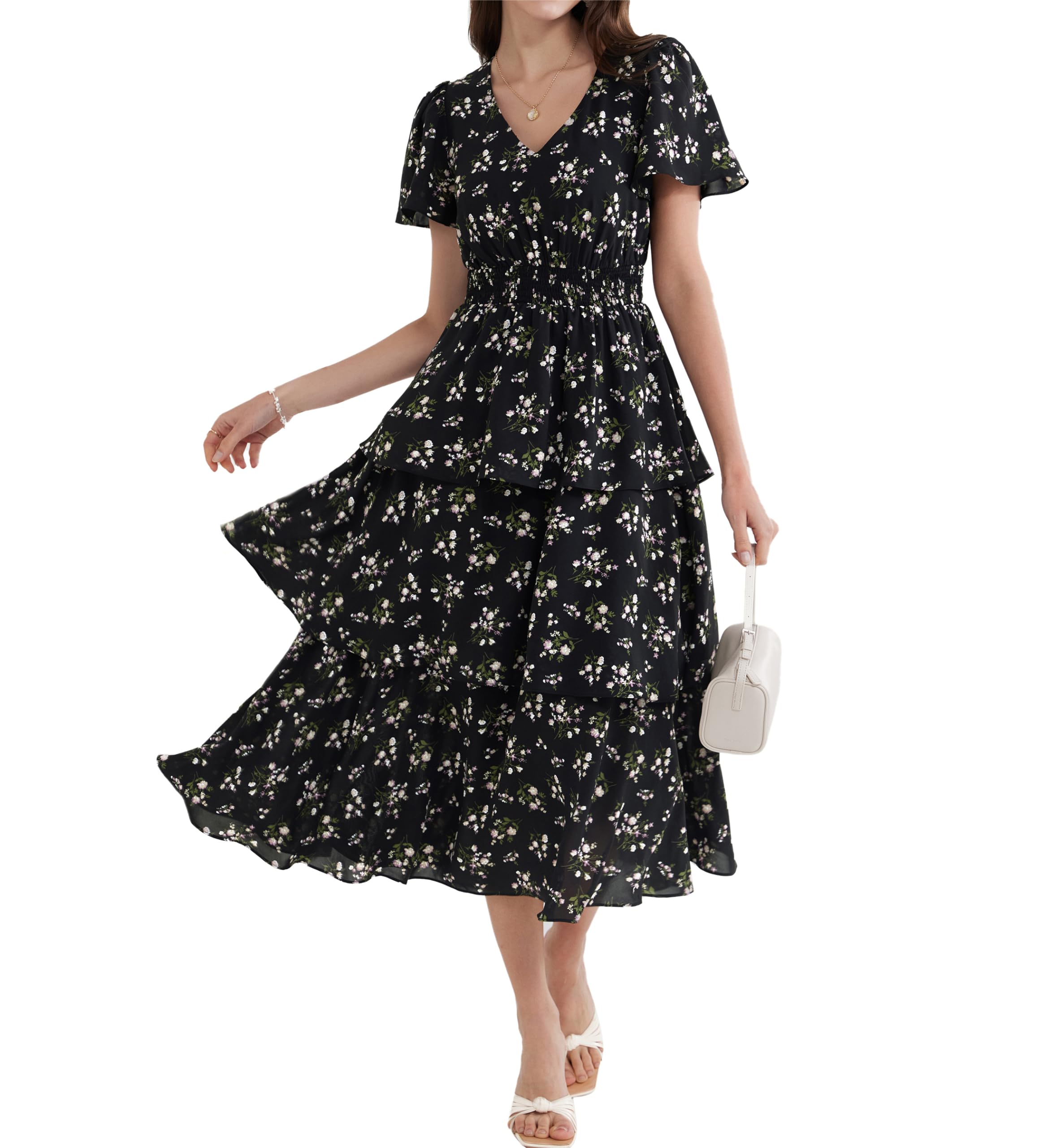 GRACE KARIN Donna Abito Midi Svasato A-Line Scollo V Maniche Corte Vita Elastica