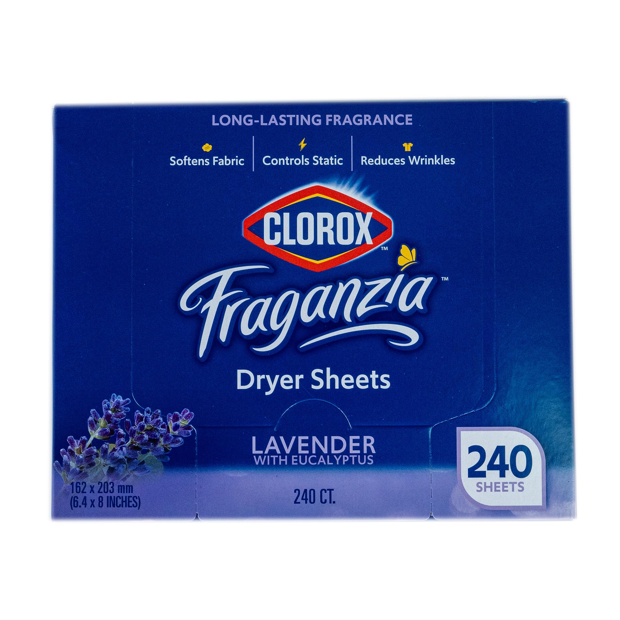 Clorox Fraganzia Fabric Softener Dryer Sheets Wrinkle Reducing Anti Static Softens Fabrics Fresh Lavender with Eucalyptus Scent 240 Count Single Box for Home Dorm and Laundry Room Everyday Use