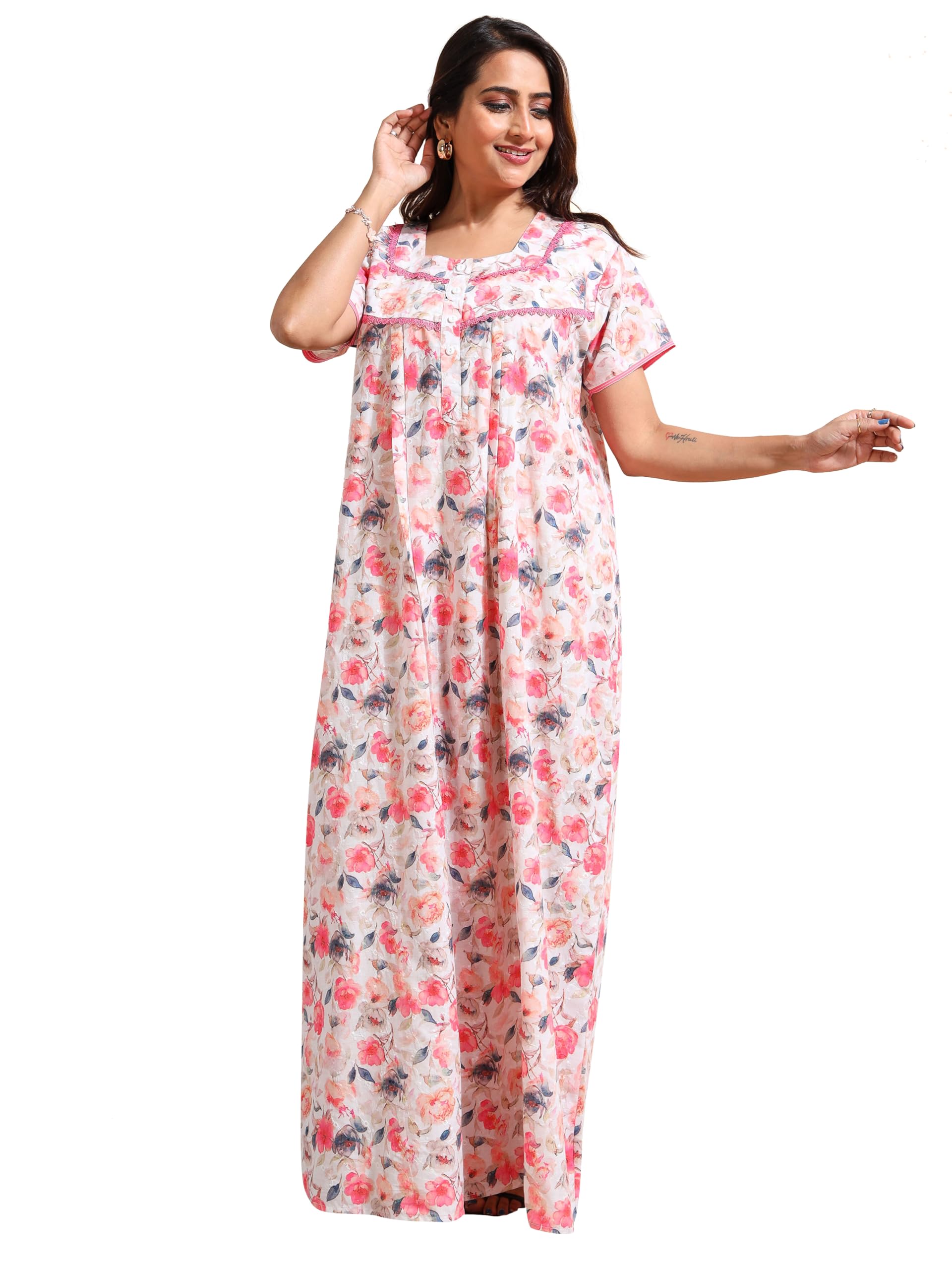 Stylish Pure Cotton Nighty Maxi for Women | Full Length Trendy Nightgown | Premium Nightdress | Nightwear | Embroidery Nighty with Pocket (1545)-image-48