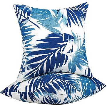 JMGBird Outdoor Pillows Waterproof 18x18 Throw Pillows with Inserts 2pcs | Blue Leaf Pattern UV Fade Resistant Patio Pillows