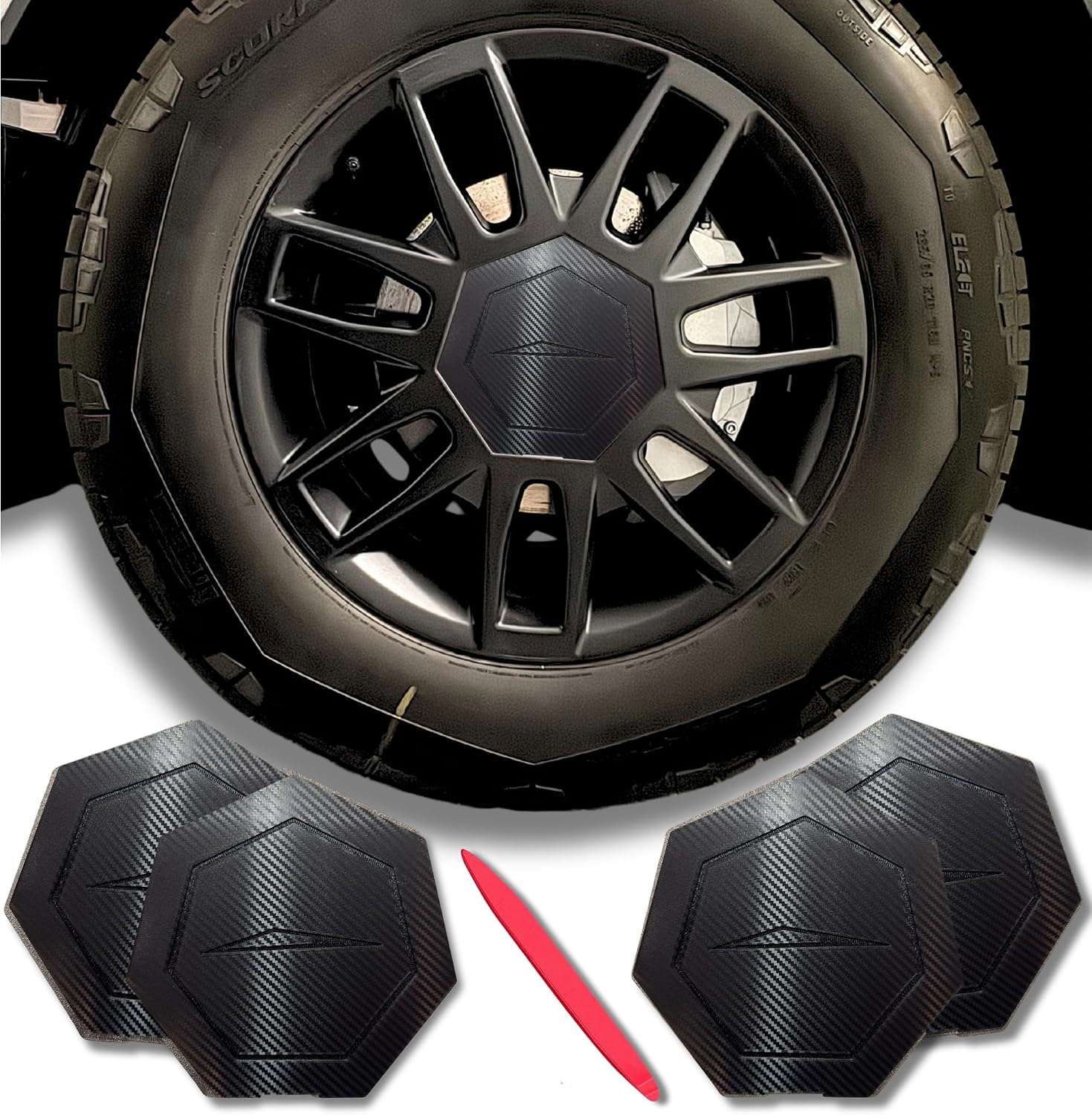 Core Wheel Full Coverage Center Caps for Tesla Cybertruck (4pcs) Compatible with Tesla Factory All Season Core Wheels (Matte Black) Made in USA (Cyberbeast (Engraved) Edition)