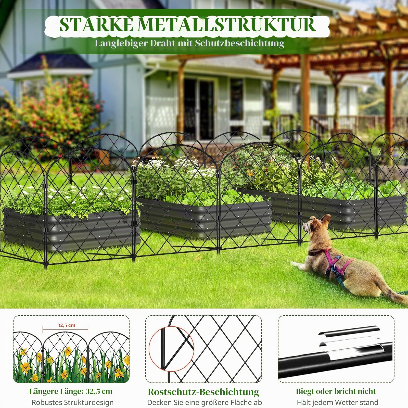Gartenzaun Metall 20 Stück, 650 cm max. Länge, dekorativer Beetzaun mit Rostschutz, 40 x 32,5 cm Steckzaun mit 40 Clips 20 Kabelbindern 40 Erdspießen, flexibel formbar für Garten und Rasen (20)
