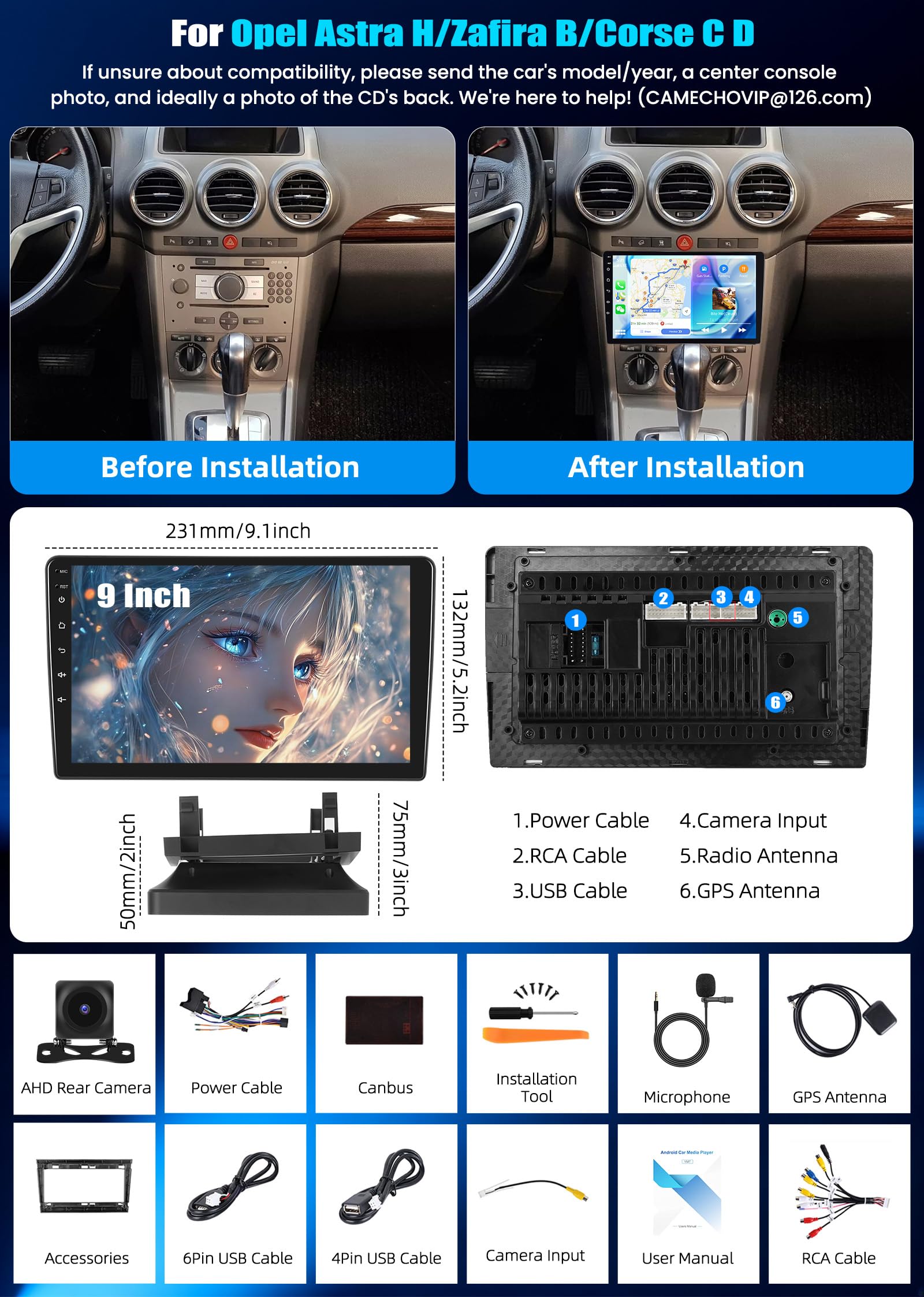 CAMECHO 4+64 GB Android 15 do samochodów Opel Astra H/Zafira B/Corse C D z CarPlay nawigacją Android Auto ekranem dotykowym 9″ radio Bluetooth GPS mirror link WiFi FM/RDS EQ + kamera