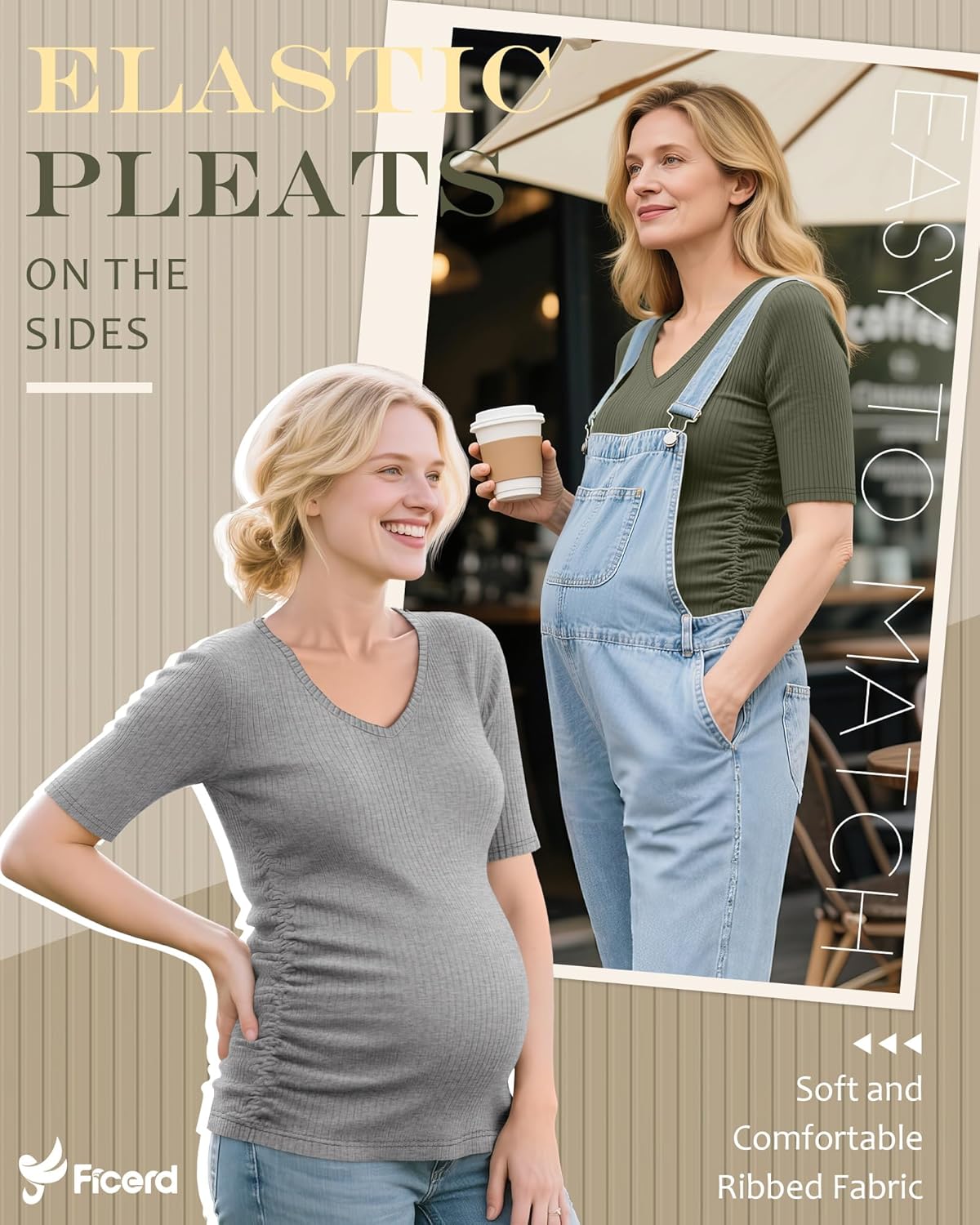 Ficerd 4 Pack Women’s Maternity Shirts, Cotton Half Sleeve Pregnancy Tops Ribbed V Neck Casual Slim Fit Maternity Clothes - Image 4