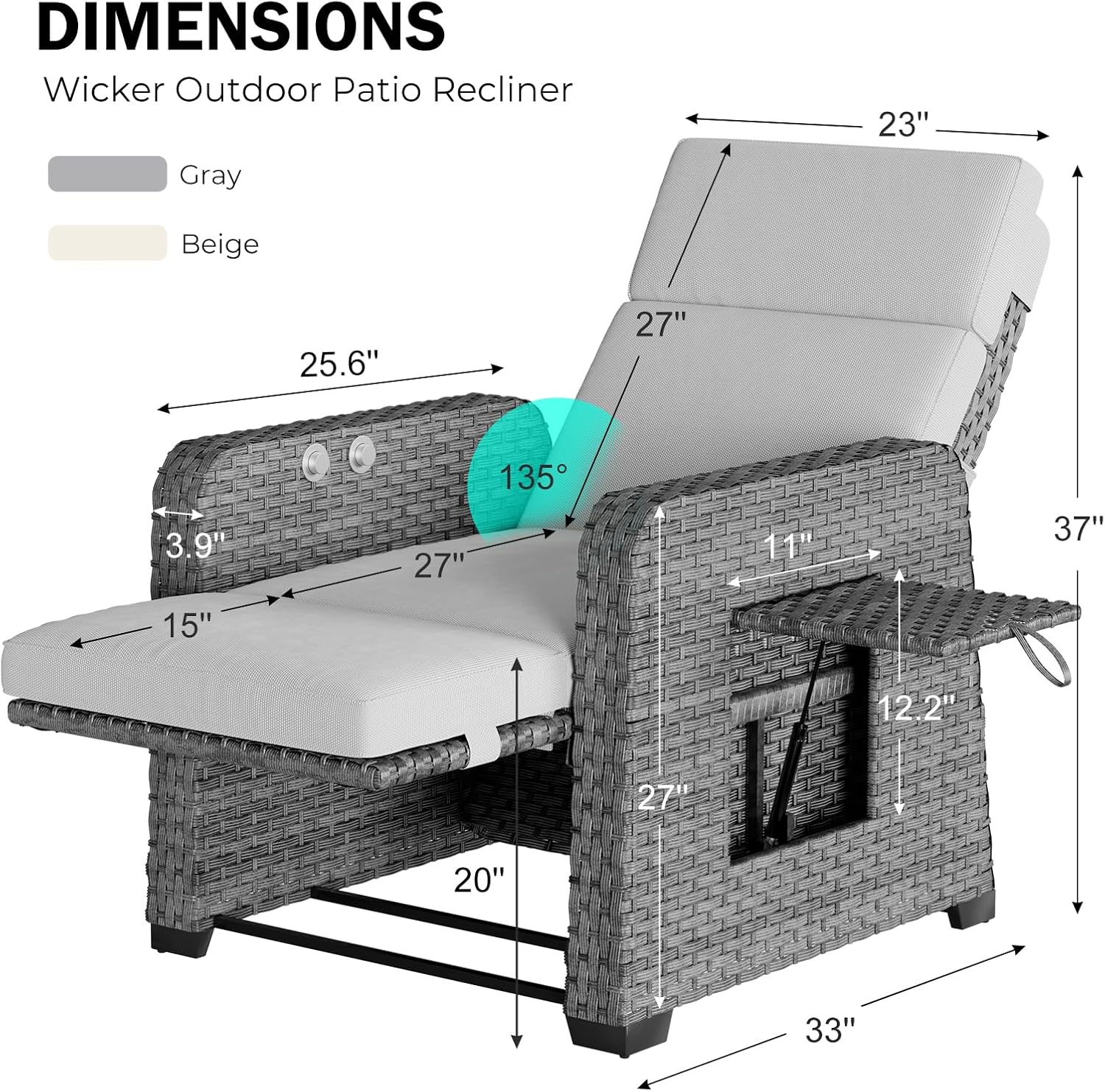 Restland Outdoor Recliner with Independent Adjustable Back & Footrest Wicker Patio Reclining Chair with Flip Table Comfortable Lounge Chair & Thick Cushion for Deck, Porch (Grey)