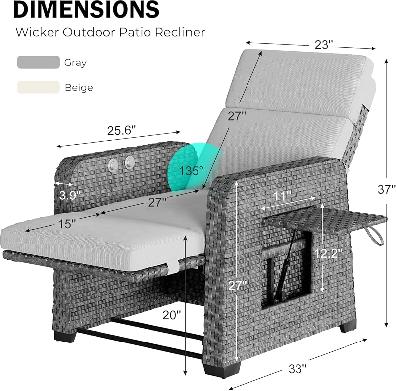 Restland Outdoor Recliner with Independent Adjustable Back & Footrest Wicker Patio Reclining Chair with Flip Table Comfortable Lounge Chair & Thick Cushion for Deck, Porch (Grey) image 2