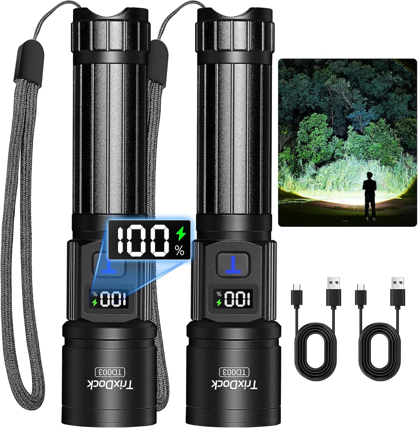 Torch Rechargeable 2 Pack, Torches Led Super Bright High Lumens, 5 Modes Zoomable Flashlight with LCD Digital Display, Powerful Torch for Dog Walking Camping Emergency Gift [Energy Class A+++]-image-33