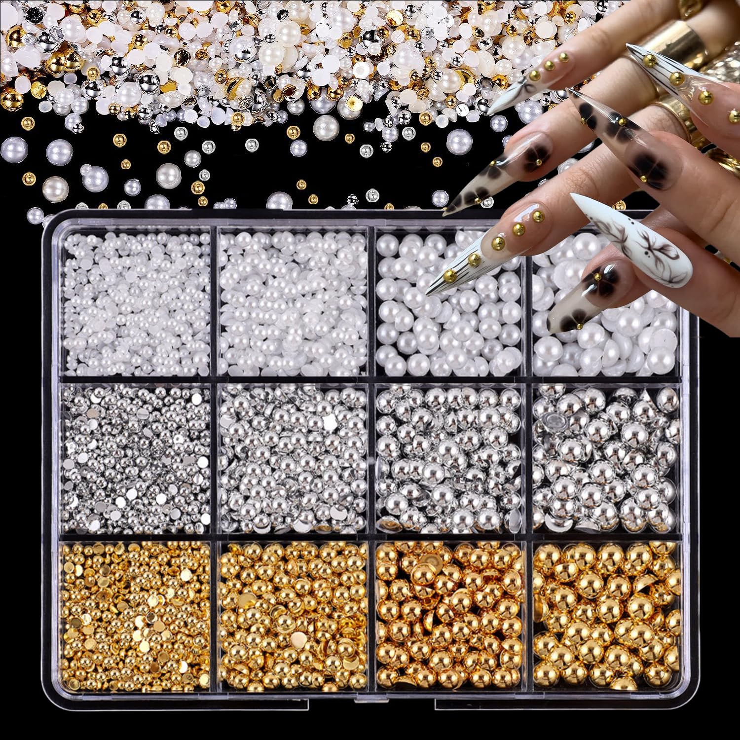 GZMAYUEN 12 Gitter Goldene Silberne Nagelperlen, Weiß 3D Nagelanhänger, Flache Perlen für Nageldesign