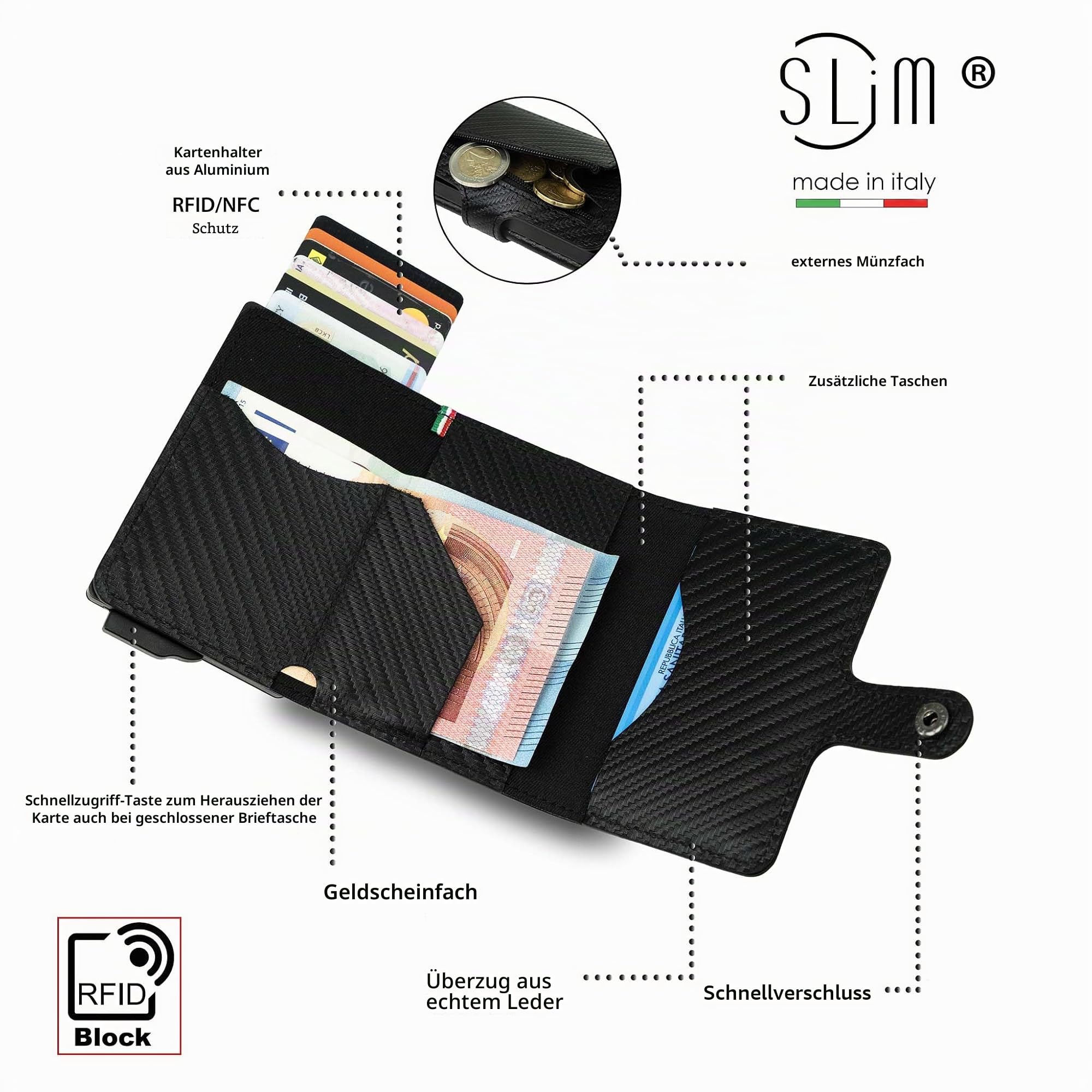 SLim Geldbörse für Herren & Damen Smart Wallet kartenetui mit Münzfach & RFID Schutz Portmonee Portemonnaie Made in Italy