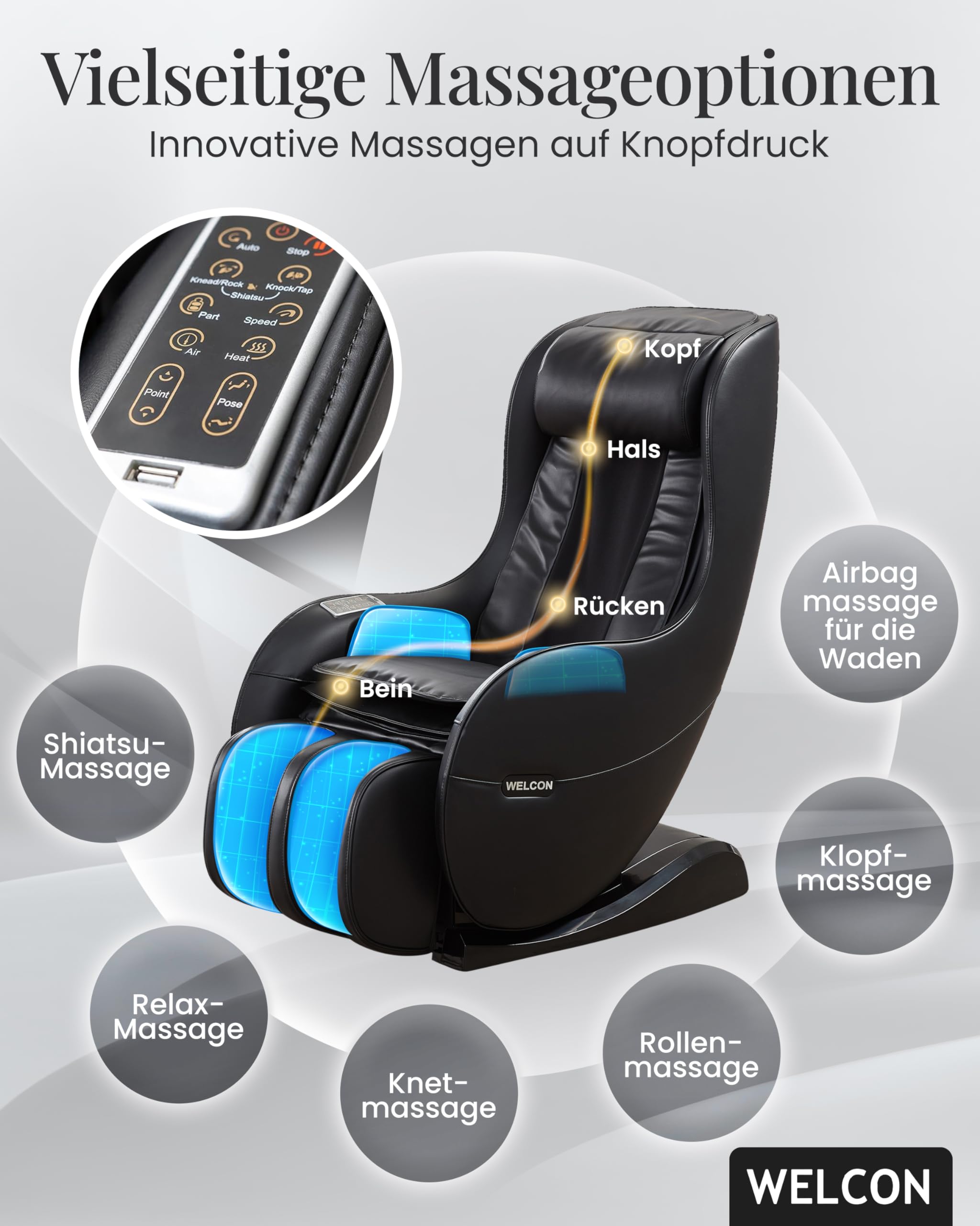 WELCON EASYRELAXX Massagesessel Schwarz mit L-Shape, Knet- & Klopfmassage