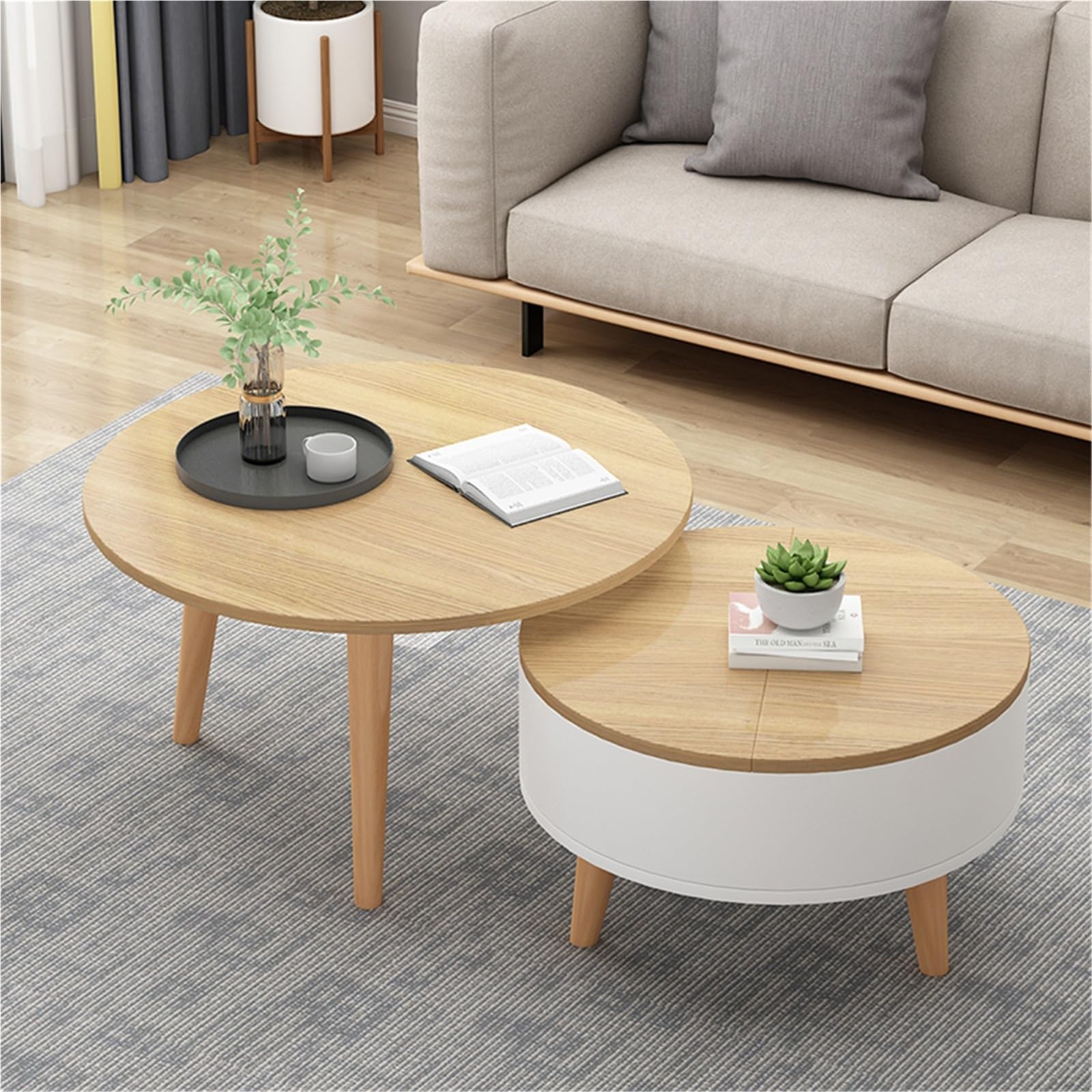 Mesa Auxiliar, combinación de Mesa de 70/60 cm y Armario de 50 cm, Mesa Auxiliar for sofá, mesas de Centro, for Sala de Estar, Dormitorio, mesita de Noche(60 Walnut+50 White)