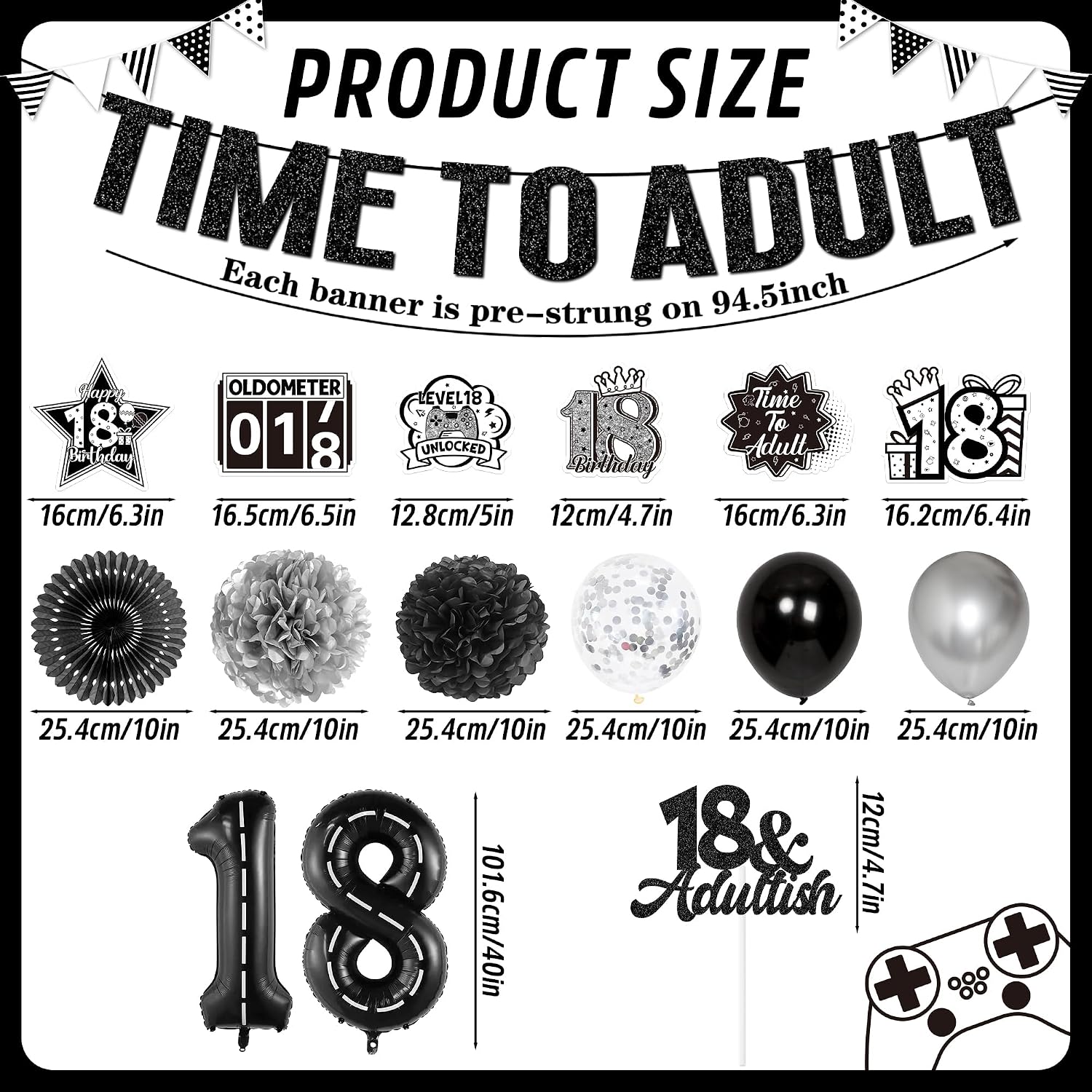 18th Birthday Decorations for Boys, 31 Pcs Black Backdrop 18 Foil Balloons Kit Decoration, Banner Hanging Swirls Balloons Cake Topper for Birthday Party Decor Supplies