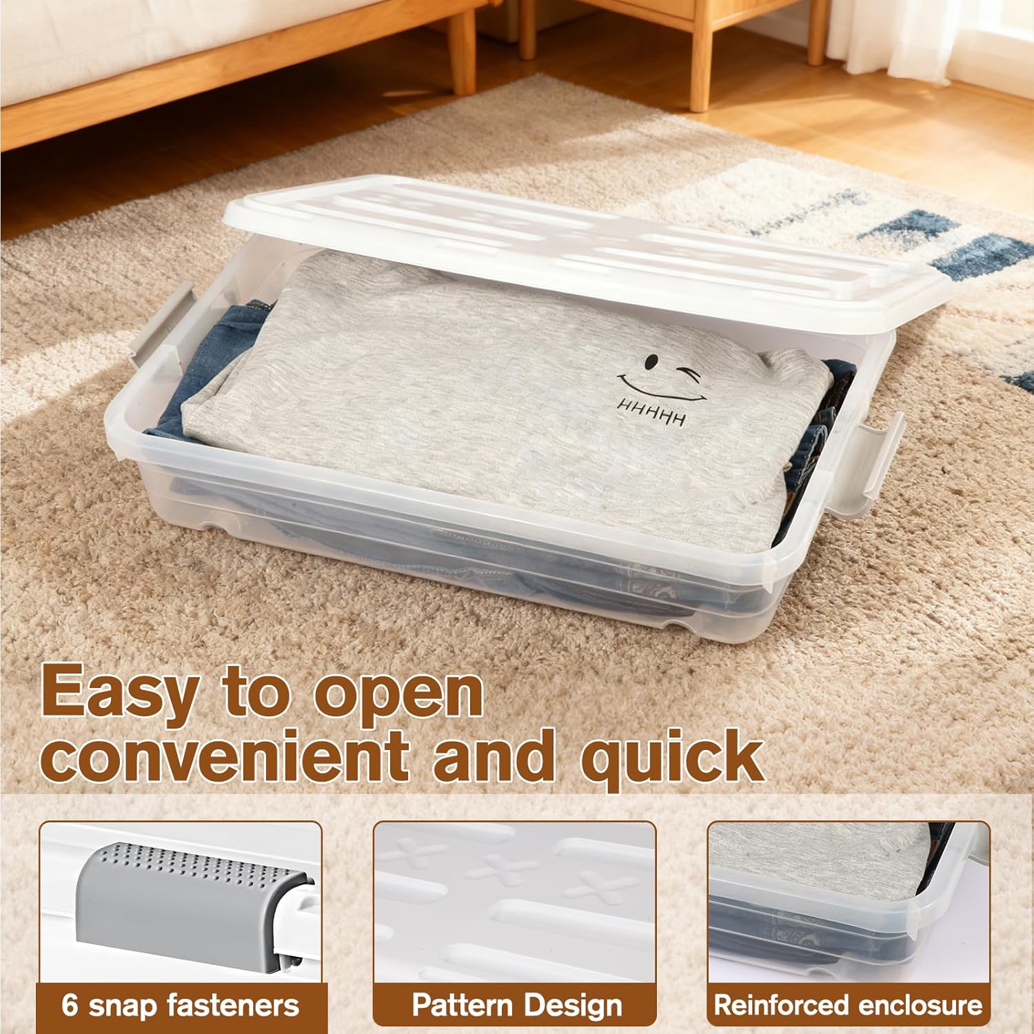 4 PCS*37 Qt Wheeled Latching Under Bed Storage, Stackable Bin with Latch Lid, Plastic Container to Organize Shoes Underbed, Clear with White Lid(White)