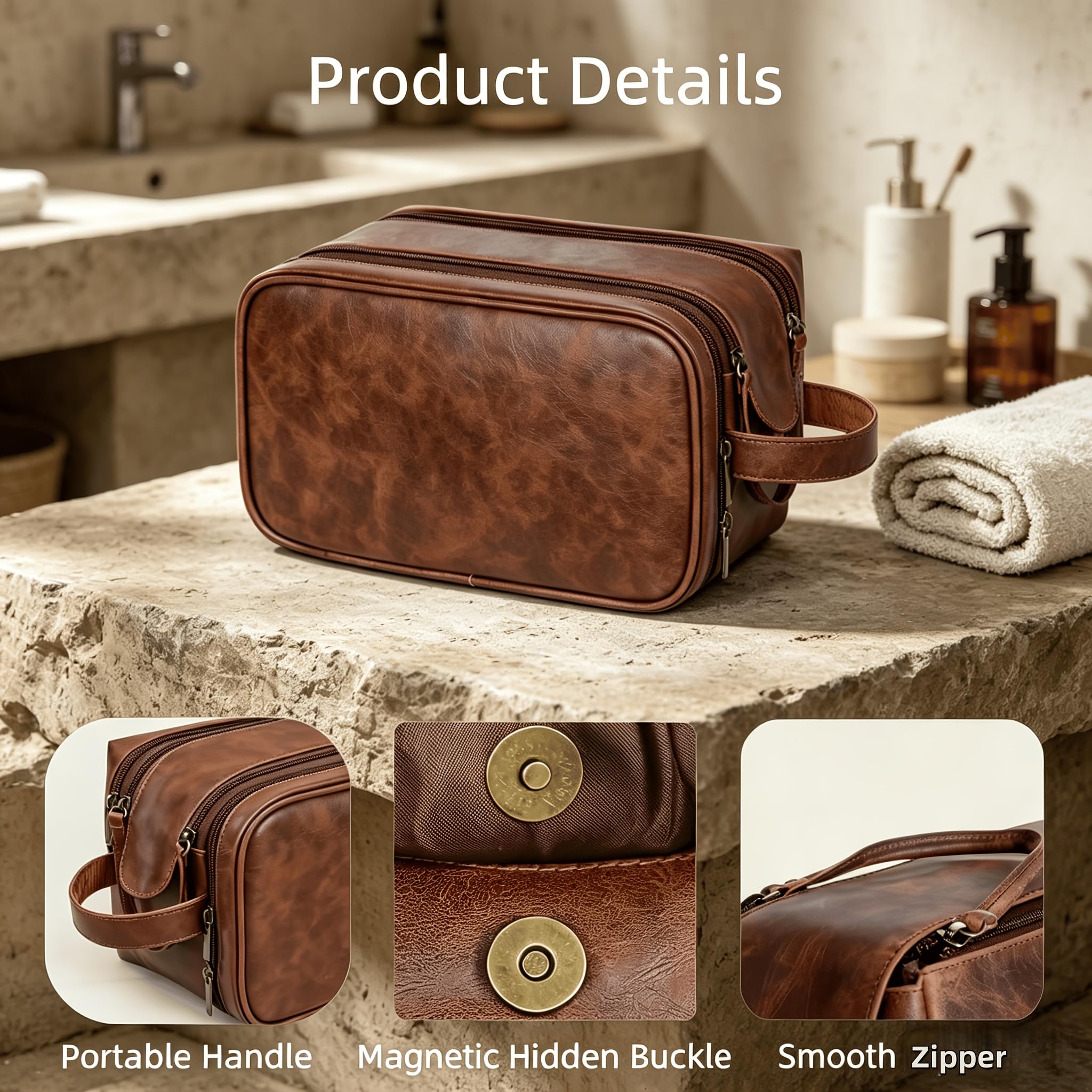 Kulturbeutel im Vintage-Stil, geeignet für Reisen, große Kosmetiktasche mit Mehreren Fächern, doppeltem Reißverschluss und Tragegriff Oben, leichtes Dopp-Kit für Business-Wochenende (Kaffee)