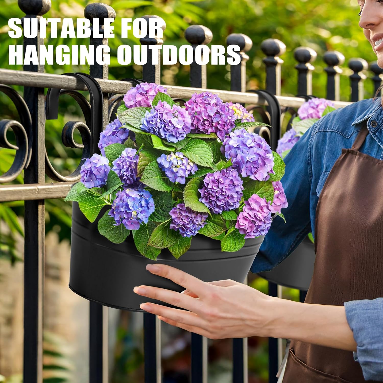 Zishine 5 Pcs Metal Iron Hanging Flower Pots 13.7 Inch Iron Railing Planter Hanging Planters for Outdoor Plants Metal Hanging Bucket Pots with Drainage Holes and Hooks for Outdoor Porch(Black)