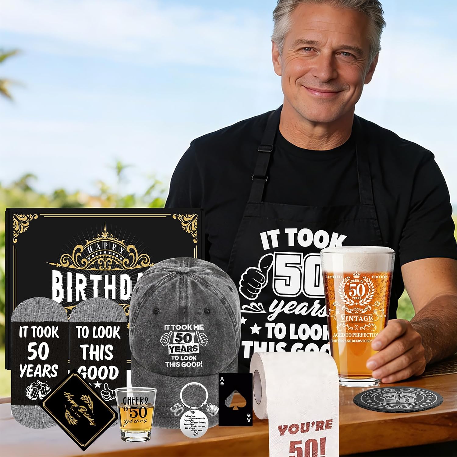 50th Birthday Gifts for Men Beer Glasses Set, Birthday Party Supplies, 16 Oz Beer Glass 1.7 Oz Shot Glass Coaster Baseball Cap Apron Sock Toilet Paper for Him, Dad, Husband, Boyfriends, Brother