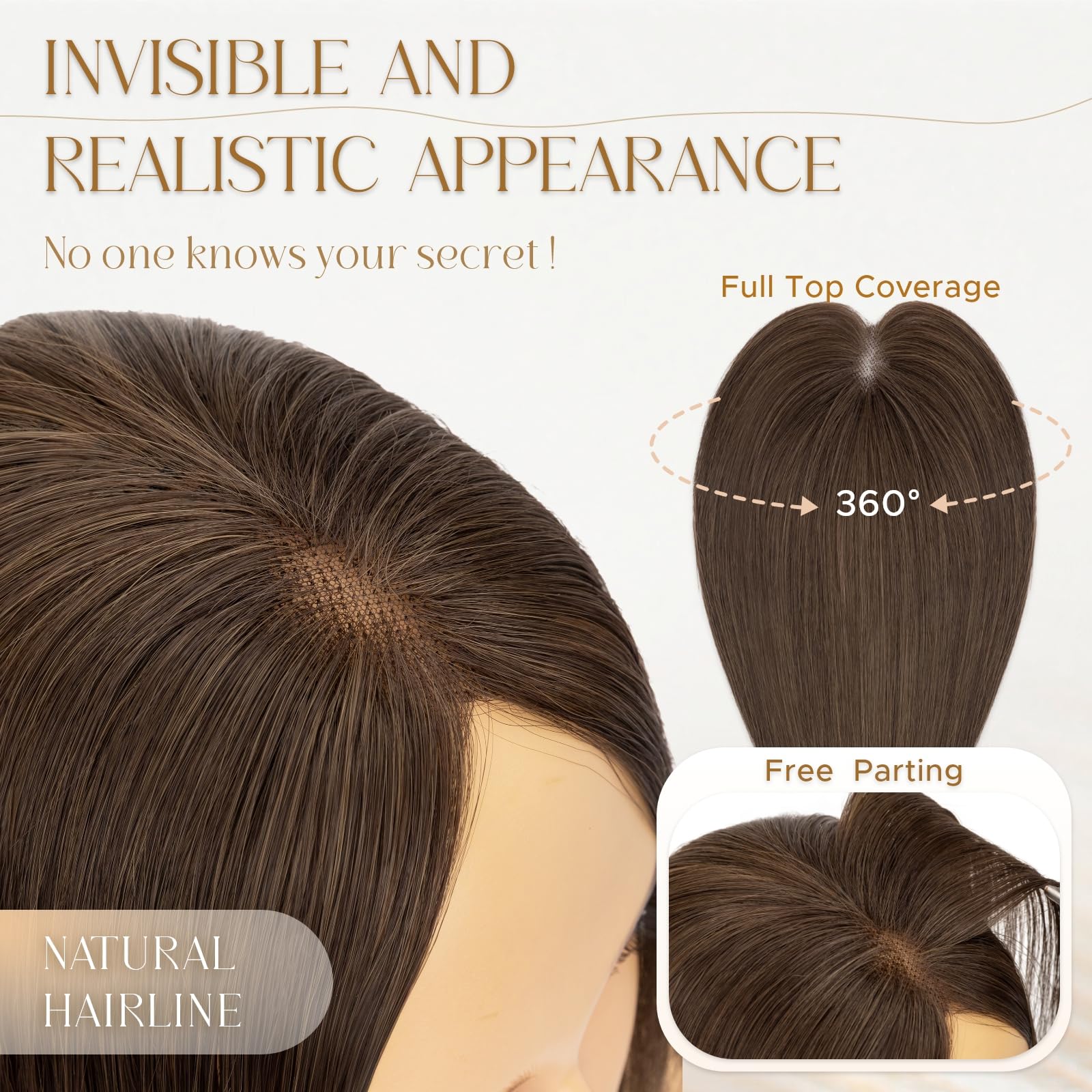 MY-LADY Hair Topper Cabello Humano Invisible Marrón Oscuro 40g 35cm | Base Lace 8x11,5cm – natural & invisible, tejida a mano, ligera y transpirable, con 3 clips.