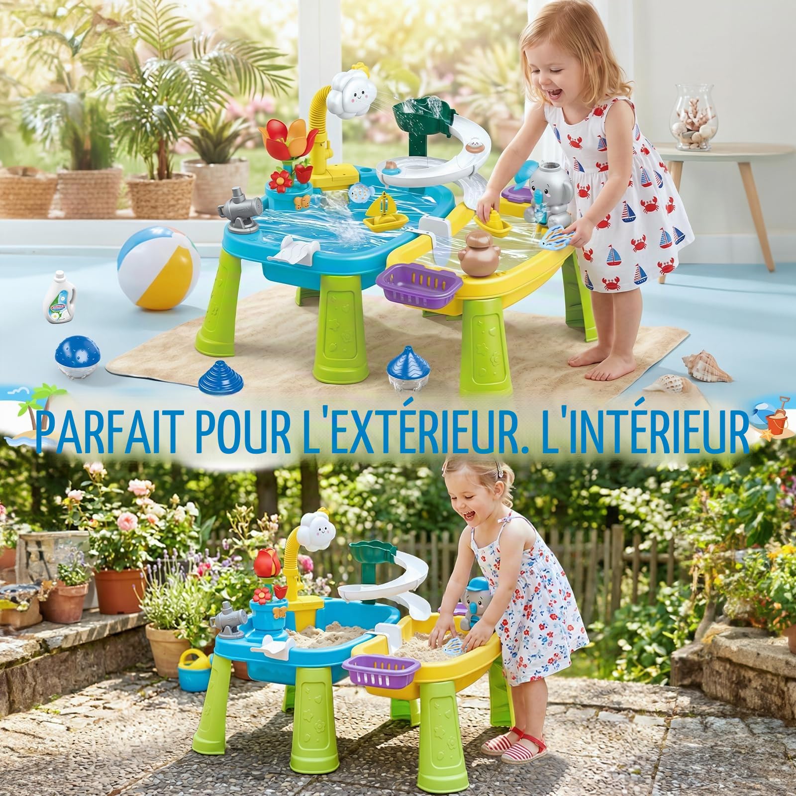 deAO Table de Jeux d'eau et de Sable, Table d'Activités avec Fonctions d'arrosage en Circulation, évier de Jeu à Eau Courante, Toboggan et Pêche, Jouet d'eau Intérieur pour Maison et Jardin