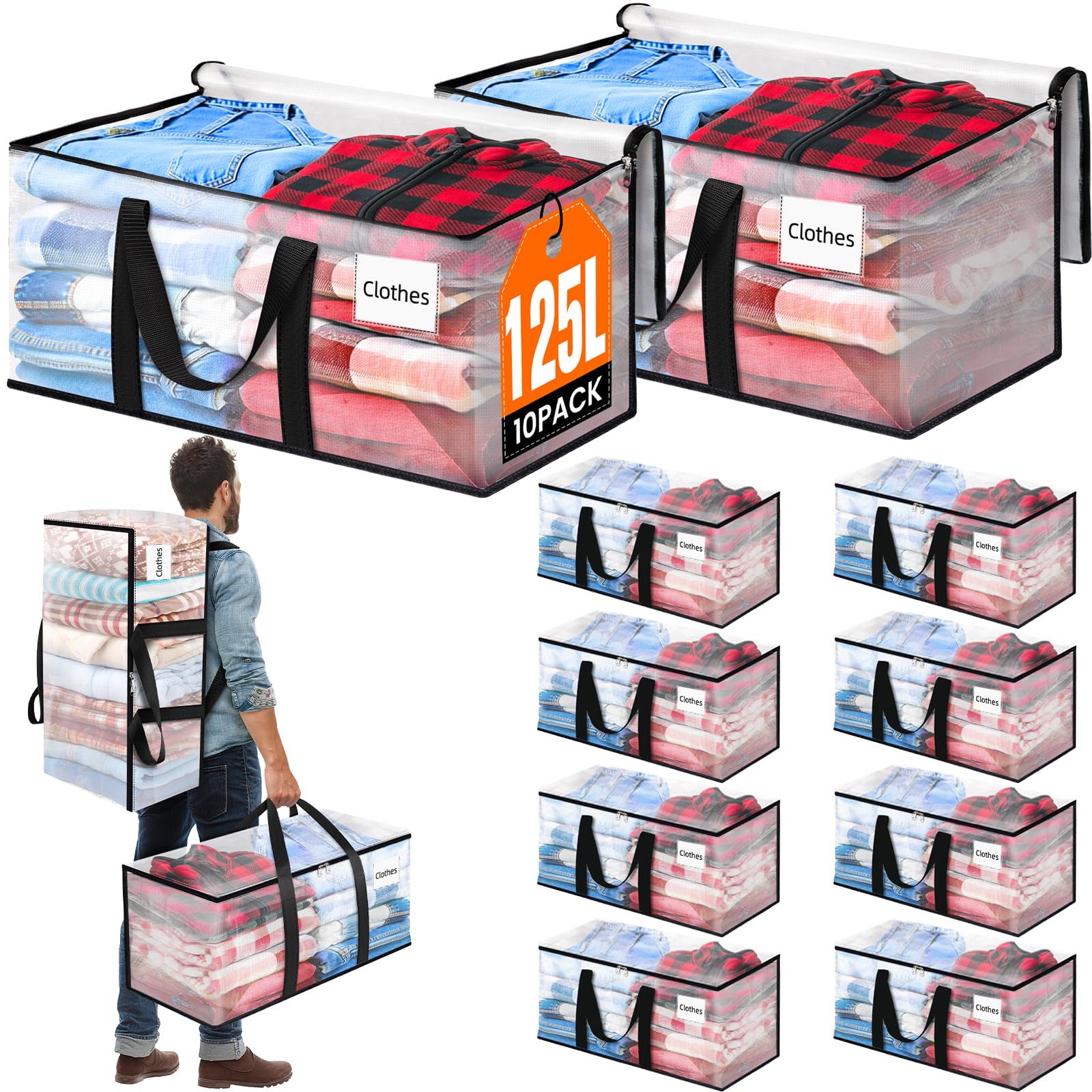 BlissTotes 10-Pack Large Moving Bags with Backpack Straps & Strong Zippers, Heavy-Duty Storage Bags Moving Boxes for Space Saving, Dorms, Transport,