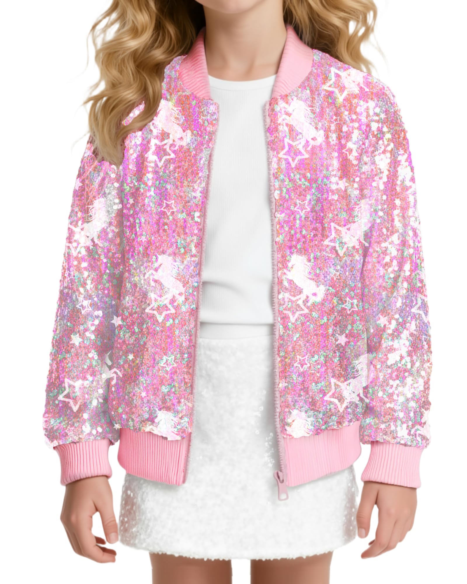 MaciRept Girls Sequin Jacket Kids Sparkle Bomber Coats Glitter Zip Up Long Sleeve Jackets Outwear with Pockets 4-9Y