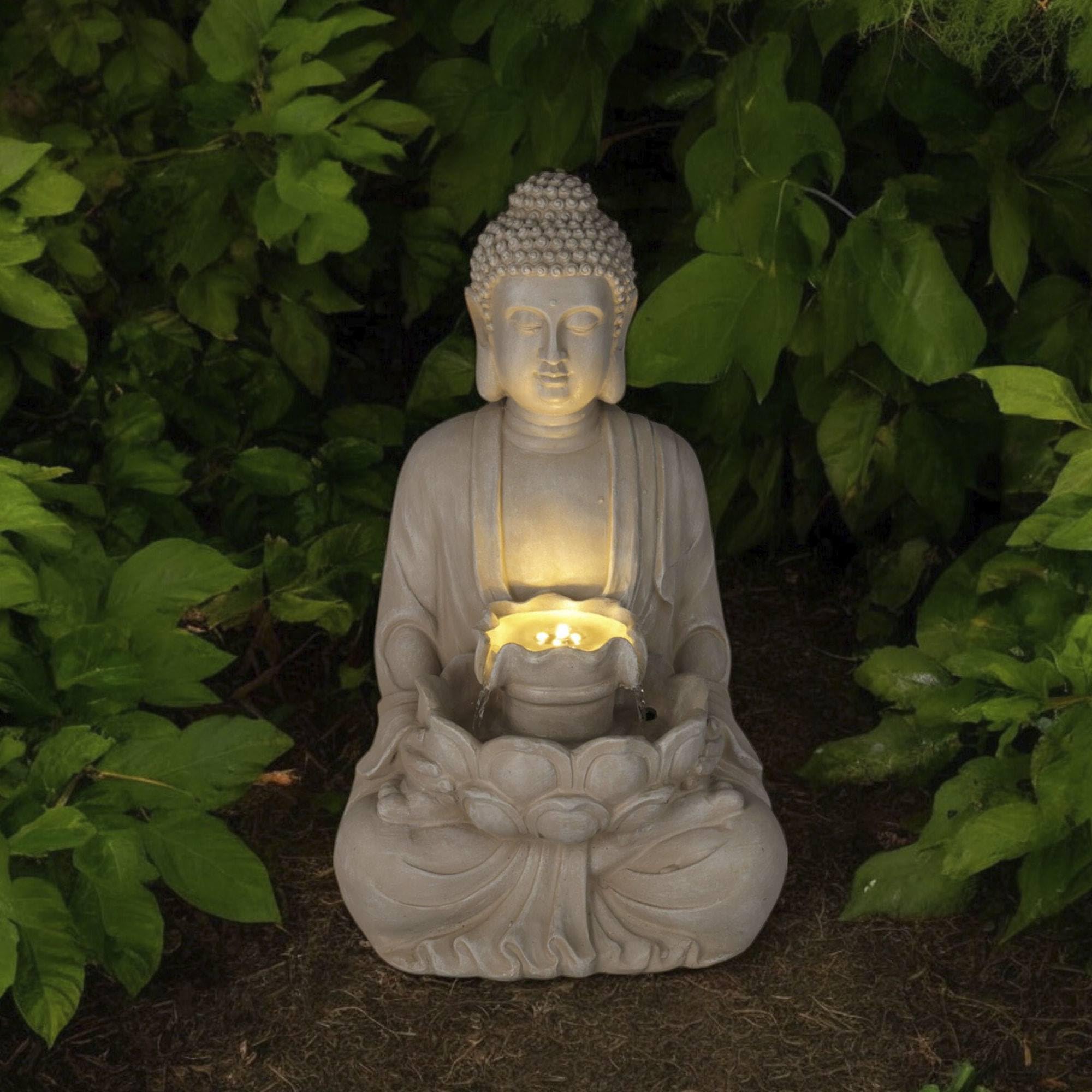 Well Home Fontaine Bouddha Couleur Sable avec lumières LED pour Espace extérieur 28,5 x 24,5 x 48 cm