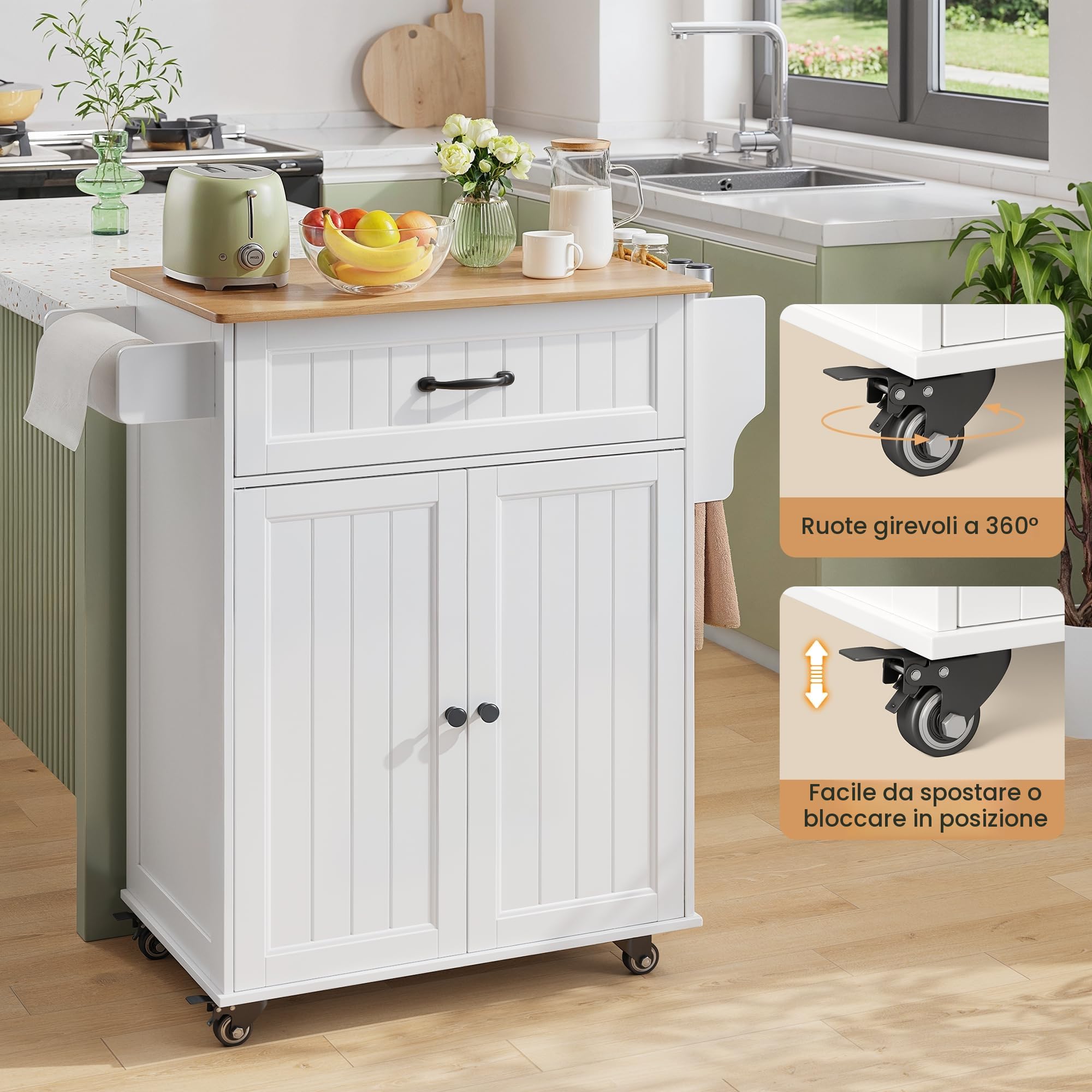 Bealife Carrello da Cucina, Mobile Cucina,con Ruote e Piano di Lavoro，Carrello di Servizio con 2 Ante e 1 Cassetto, Carrello Salvaspazio per Cucina e Soggiorno (Bianco)