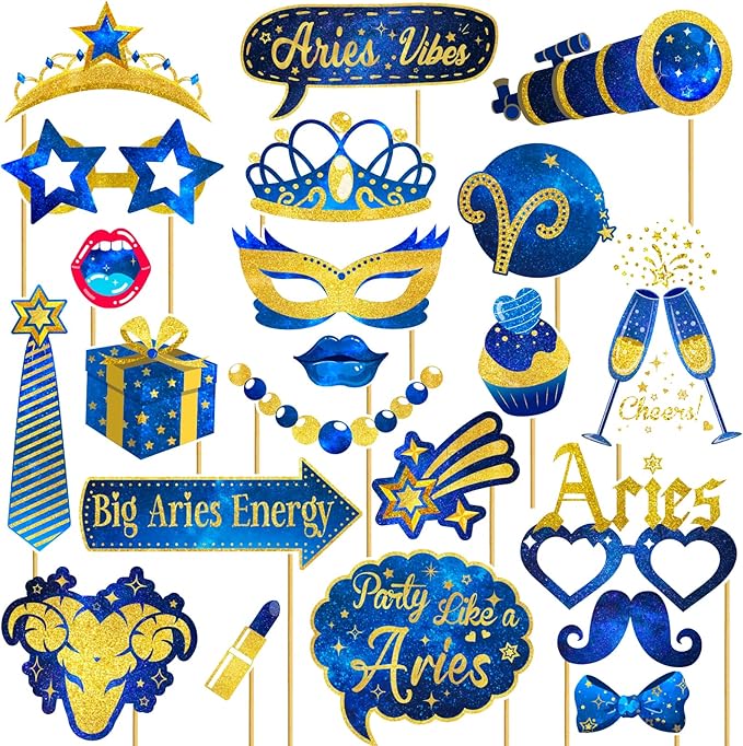 Aries Birthday Photo Booth Props - 22 Pcs Blue Starry Sky Themed Aries Photo Booth Props Decorations for March April Birthday Party, Zodiac, Horoscope, Astrology Bday Party Supplies