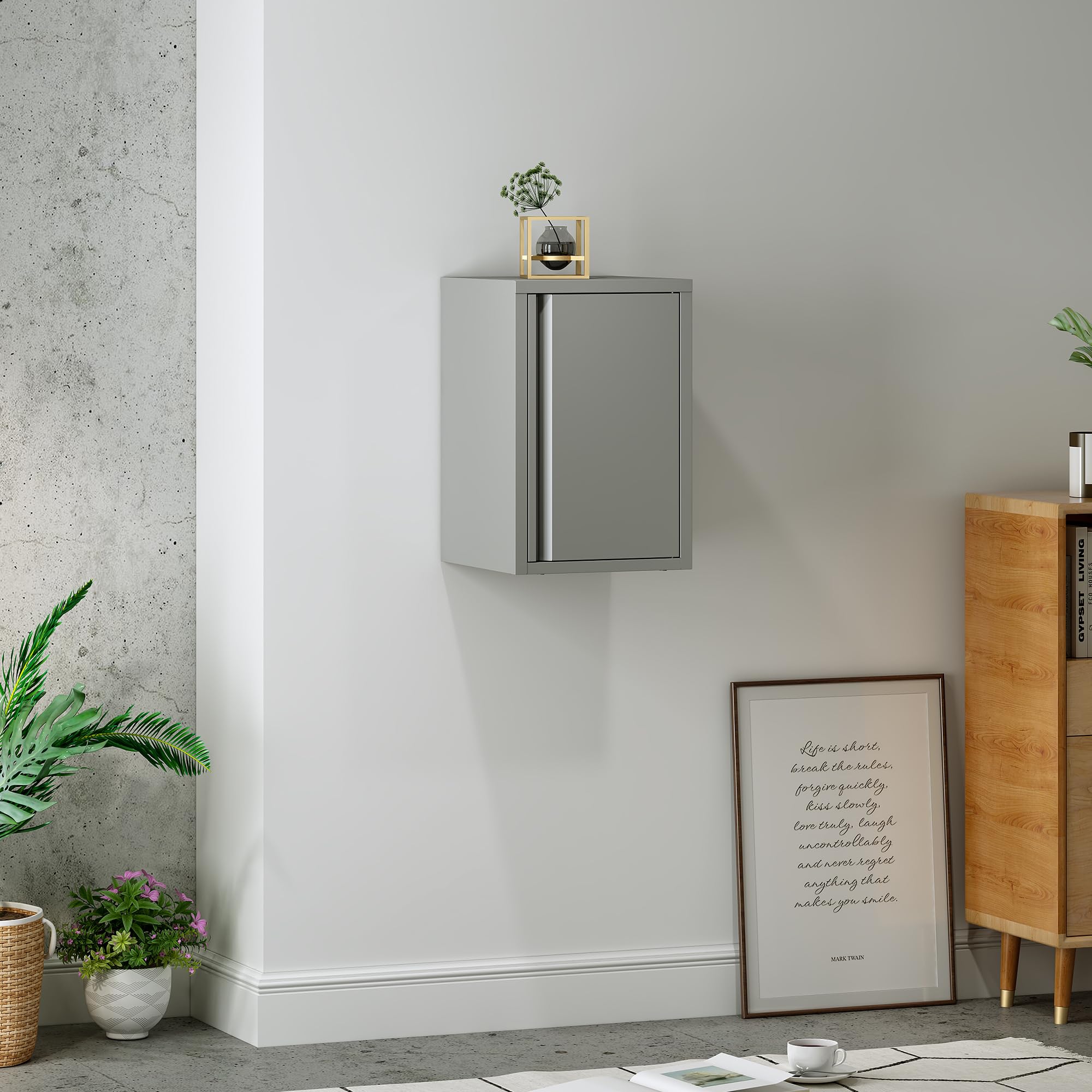 [en.casa] Mobiletto a Muro con Anta Armadietto Pensile a Parete con Ripiano Regolabile in Altezza Mobile in Acciaio per Bagno Ingresso Ufficio 50x33x35 cm - Grigio