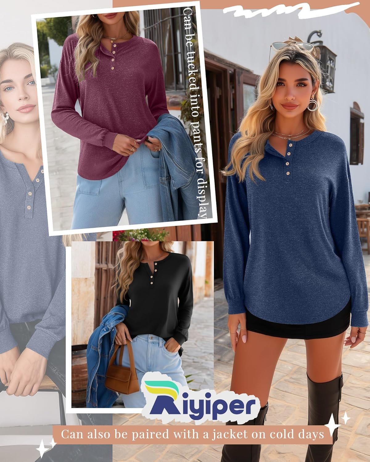 Riyiper 3 Pack Women's Long Sleeve Henley Tops, V Neck Button Up Tunic Top Casual Shirts Loose Fit T Shirts Pullover Tunics - Image 2