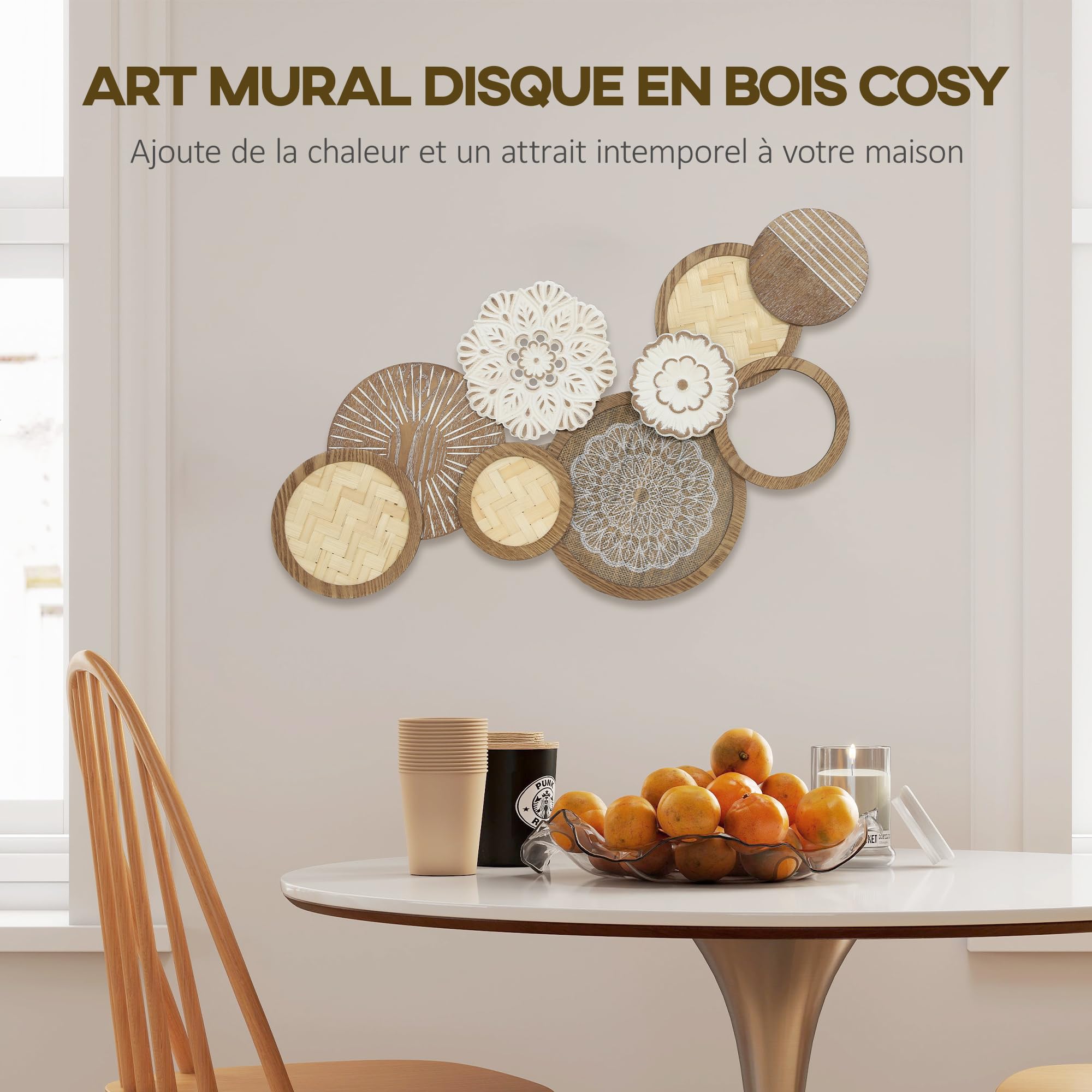 HOMCOM Décoration Murale en Bois Moderne, 83,8 x 44,5 cm, Bois Naturel | Sculpture Murale Géométrique, Design Unique à Plusieurs Disques, Décor Suspendu, Salon, Chambre à Coucher, Bureau