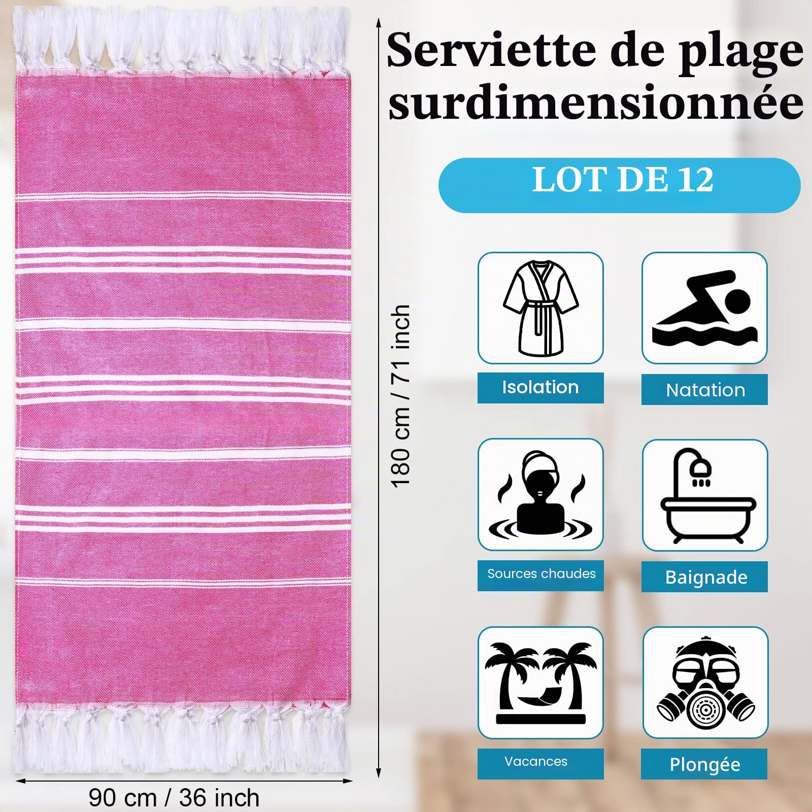 Lot de 12 Serviettes de Plage Turques Peshtemal en Vrac - 180 x 89 cm - Séchage Rapide - Légères - pour Adultes - pour Plage, Voyage, Piscine, Camping, Sauna, Bain, Spa - 12 Couleurs