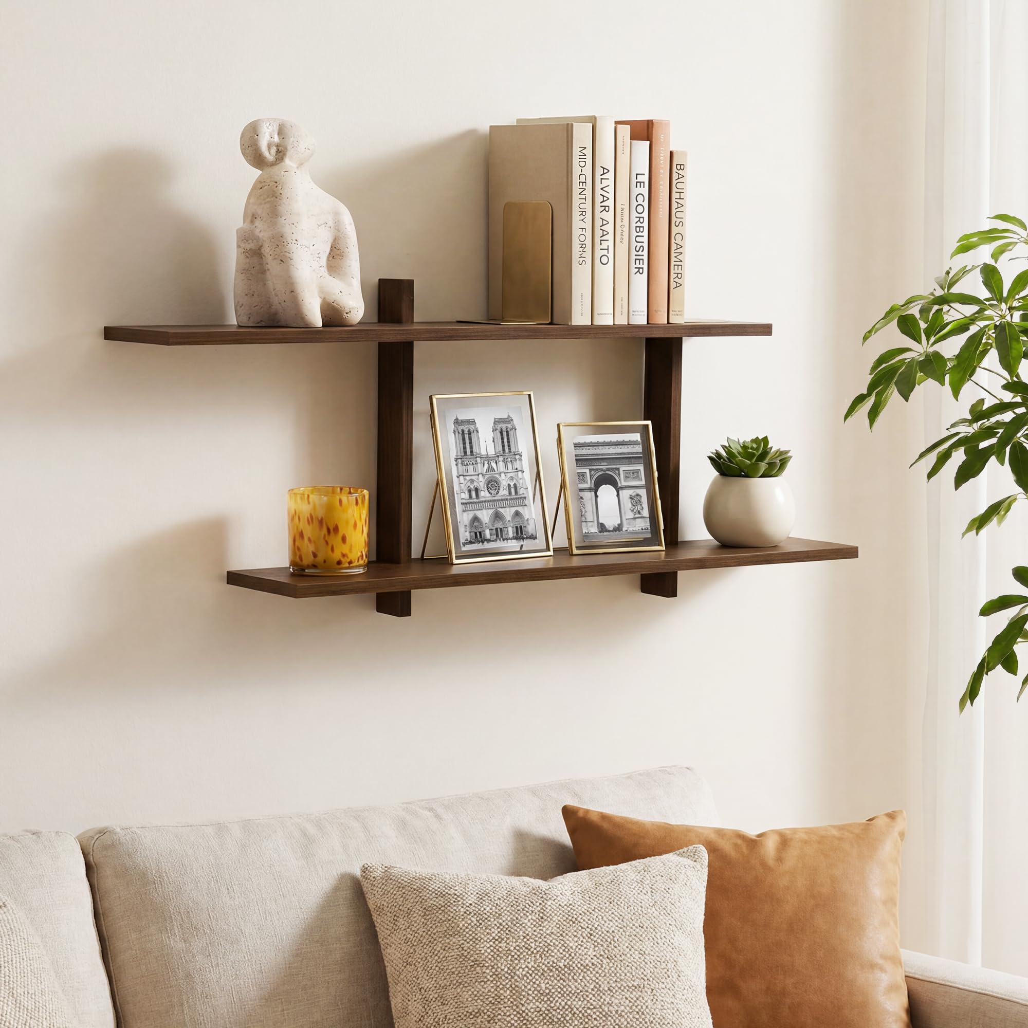 Afuly Adjustable Floating Shelves for Wall, 2 Tier Walnut Long Shelf