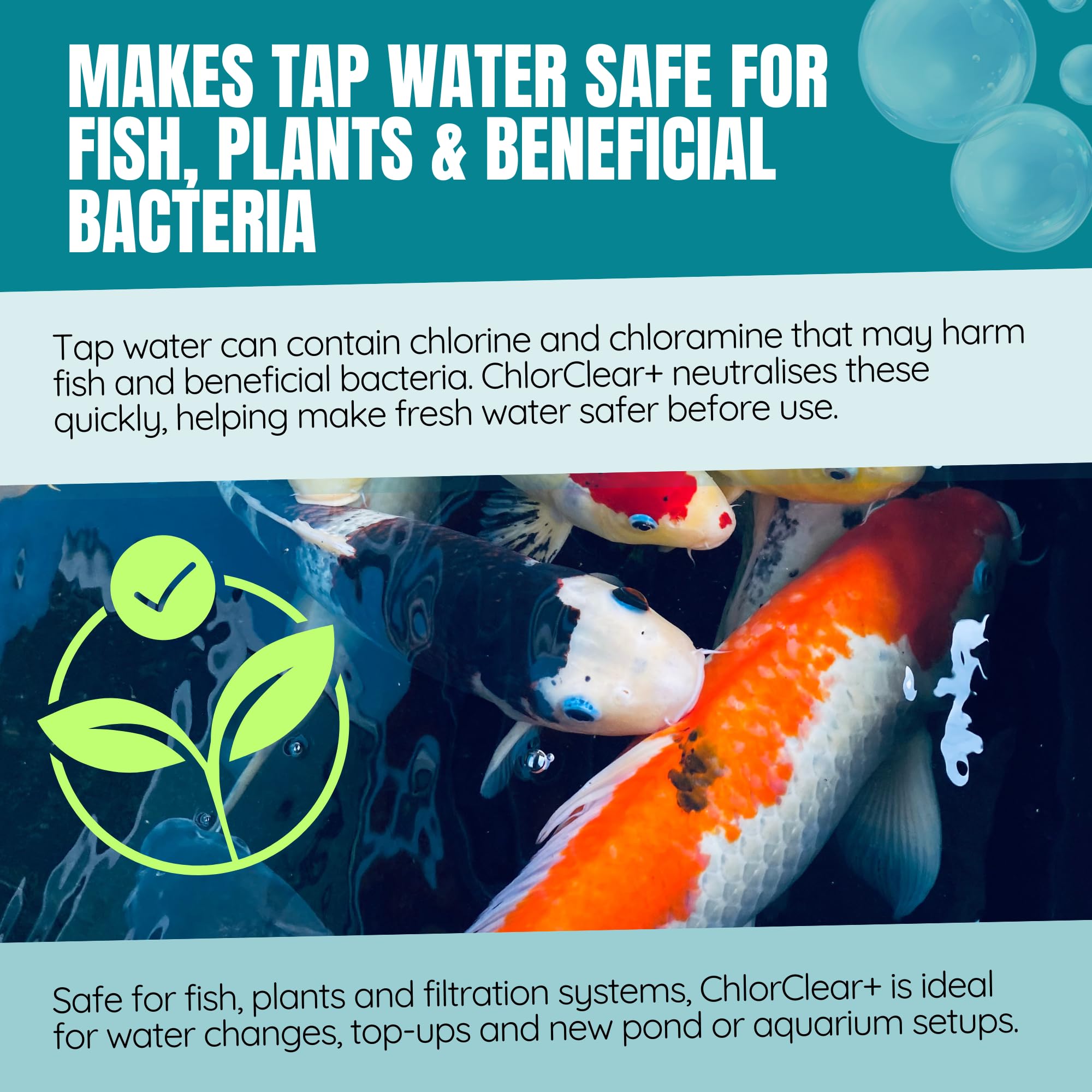 ChlorClear+ treats 13,000L Pond & Aquarium Water Conditioner 500ml | Neutralises Chlorine, Chloramine & Heavy Metals | Aloe Vera Stress Reducing Formula | Fish & Plant Safe — view 4