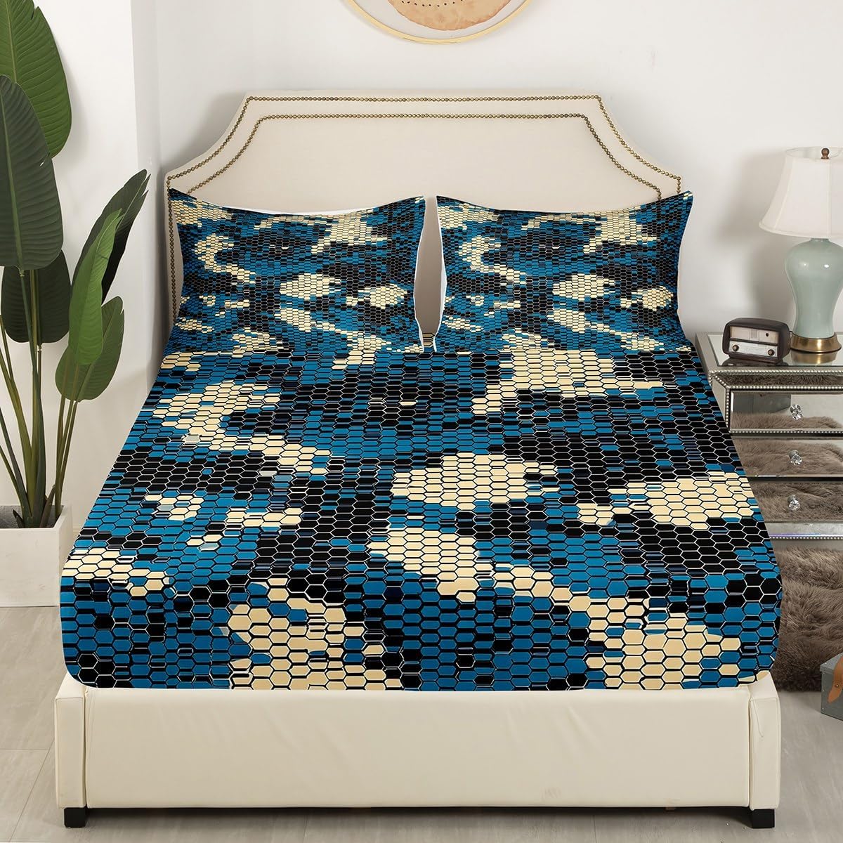 Camouflage Blue Fitted Sheet Full Size Black White Blue Camouflage Bed Sheet Room Decor Army Campaign Militarily Style Bedding Sets Abstract Geometric Dot Colorful 3 Piece Bedding Decor Set