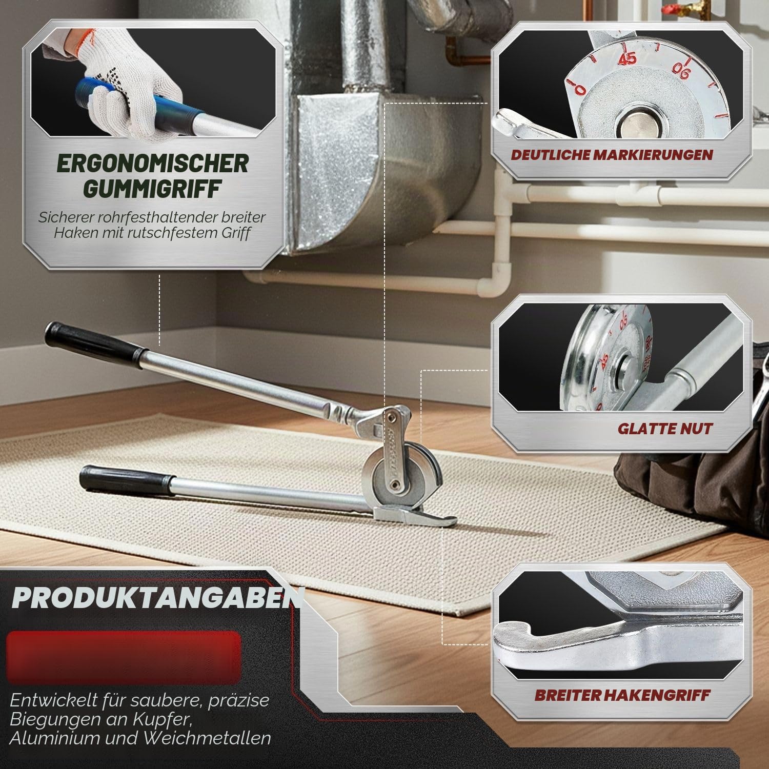 Flexzion Rohrbieger Ø 12mm Handrohrbieger 0-180 Grad Rohrbiegerzange Handbiegemaschine Rohrbiegegerät Rohrbiegewerkzeug mit Rutschfester Griff für 1/2 Zoll Dicke Rohr für Kupfer Messing Aluminium