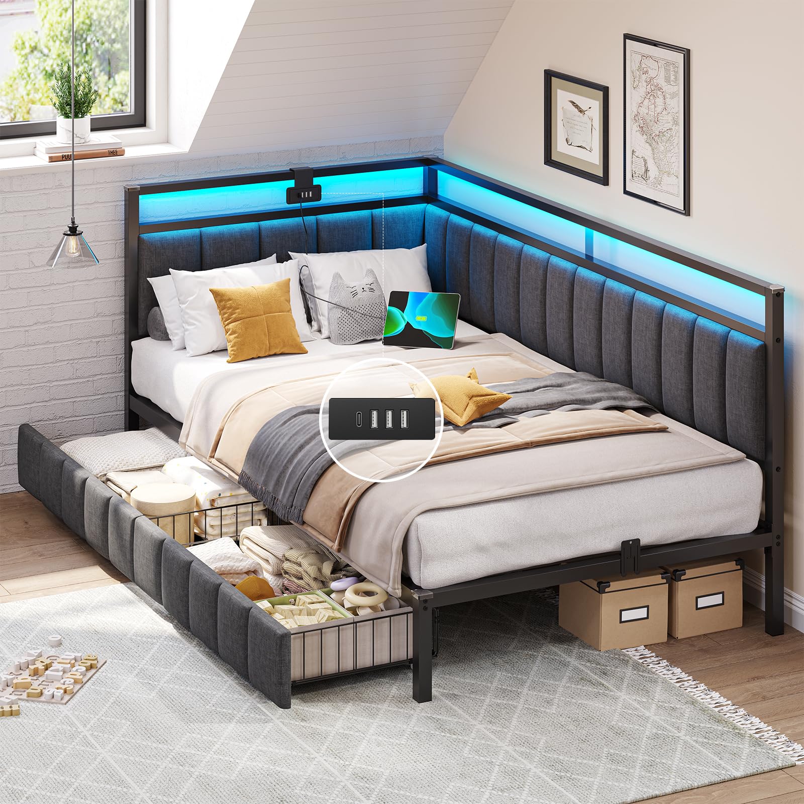 DICTAC Polsterbett Schlafsofa mit LED-Beleuchtung,USB-Ladestation und 2 Schubladen