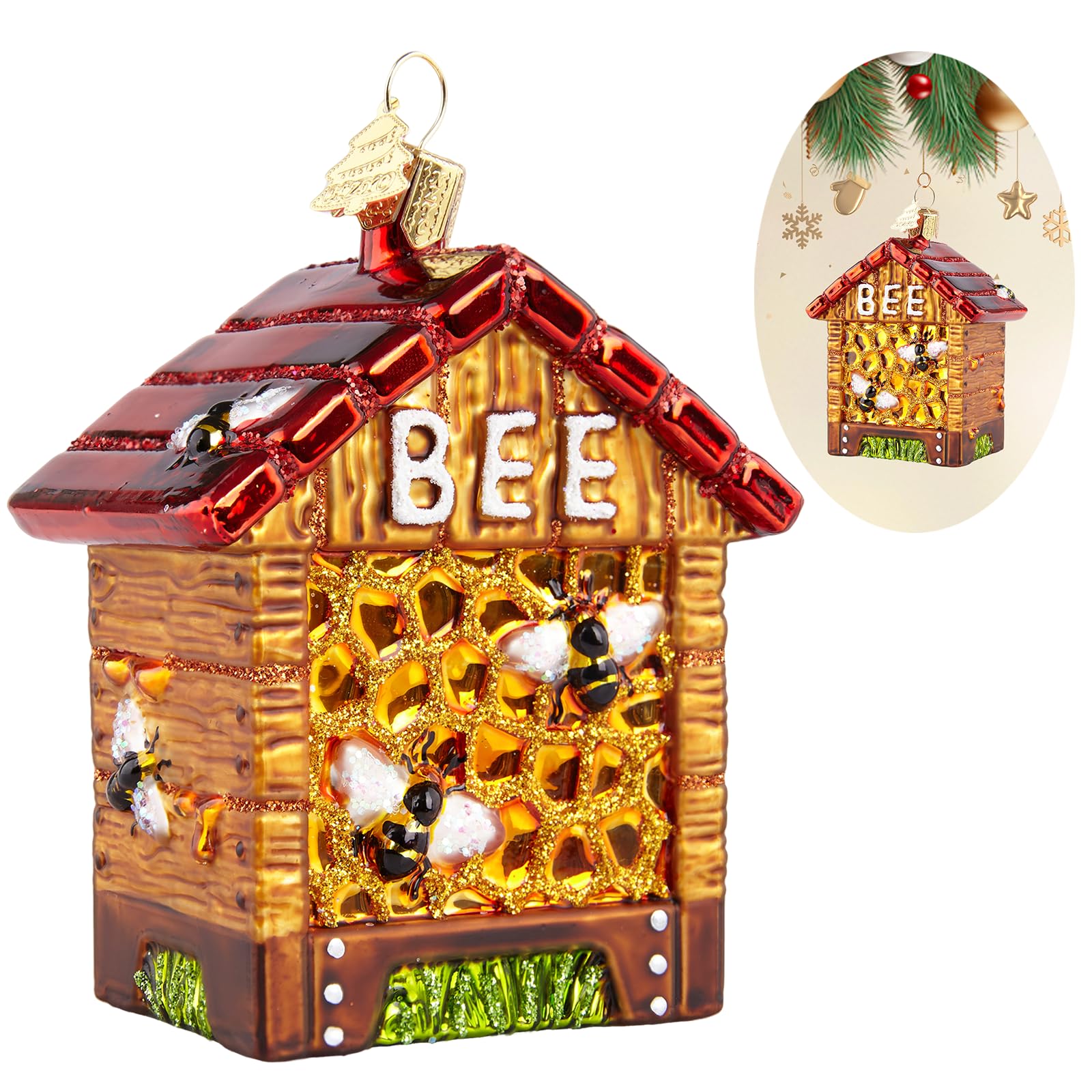 Sapin de Noël avec figurines d'abeilles de collection et déco ruche en verre soufflé