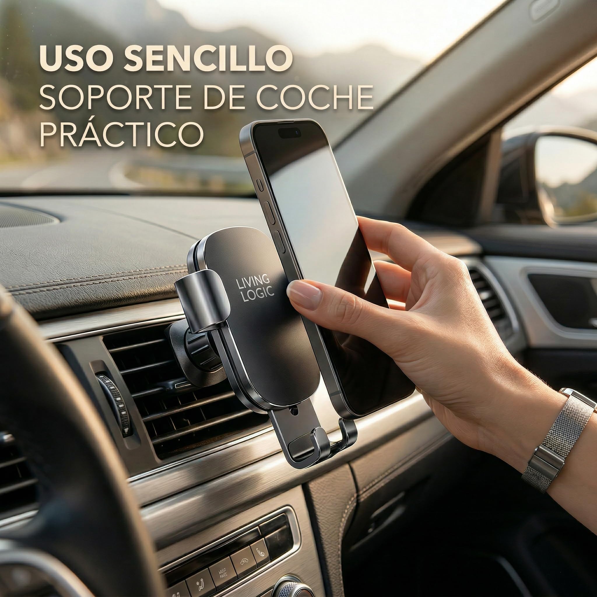 Soporte Móvil Coche Rejilla con Gancho Metálico, Soporte Teléfono Coche 360° con Una Mano, Porta Móvil Coche Universal Compatible iPhone y Android + Rompe Lunas y Corta Cinturón — view 3