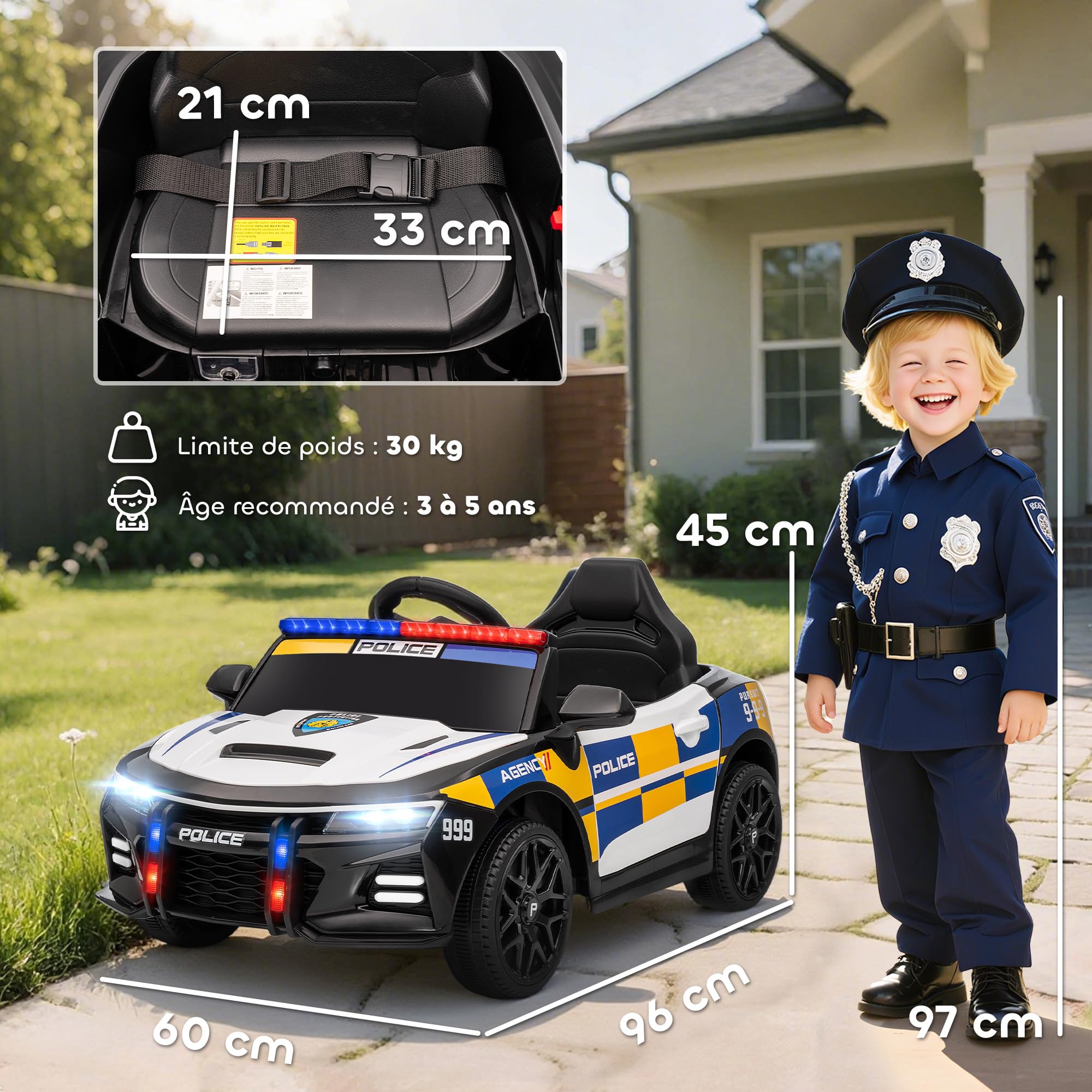 AIYAPLAY Voiture Électrique de Police Enfant 12V, 3-5 Ans, Multicolore