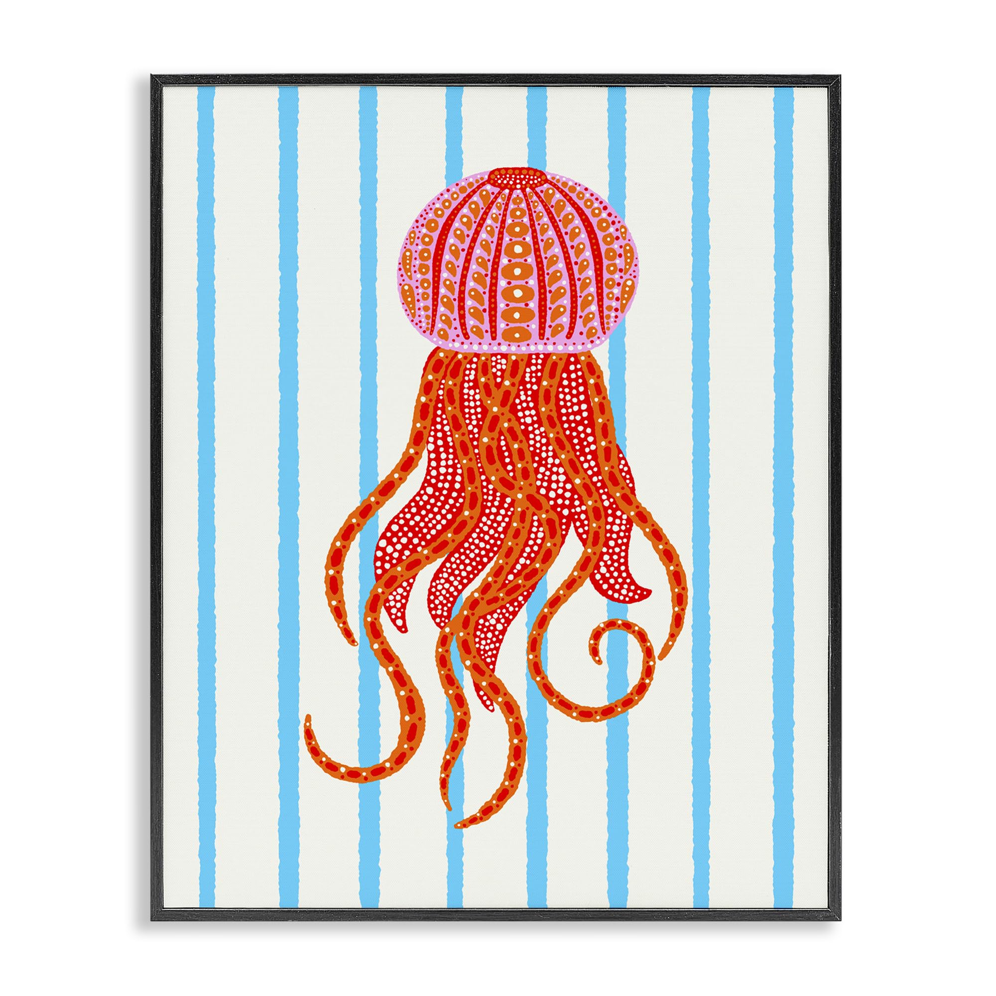 Stupell Industries 'Bright Aquatic Jellyfish on Stripes', Framed Giclee Art, Black, 24 x 30 Inches, Easy to Hang and Sturdy, Made in USA, by Indira Prieto | IndySign