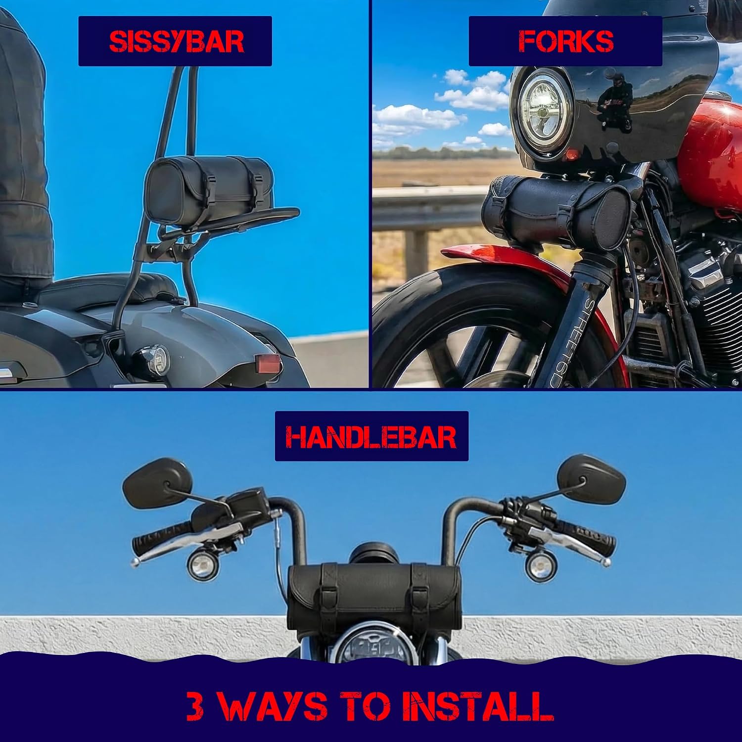Nomad Motorcycle Tool Bag–Universal Handlebar Pouch–Waterproof Cruiser Biker Roll Bag Front Fork or Saddlebag Storage (Black) image 5